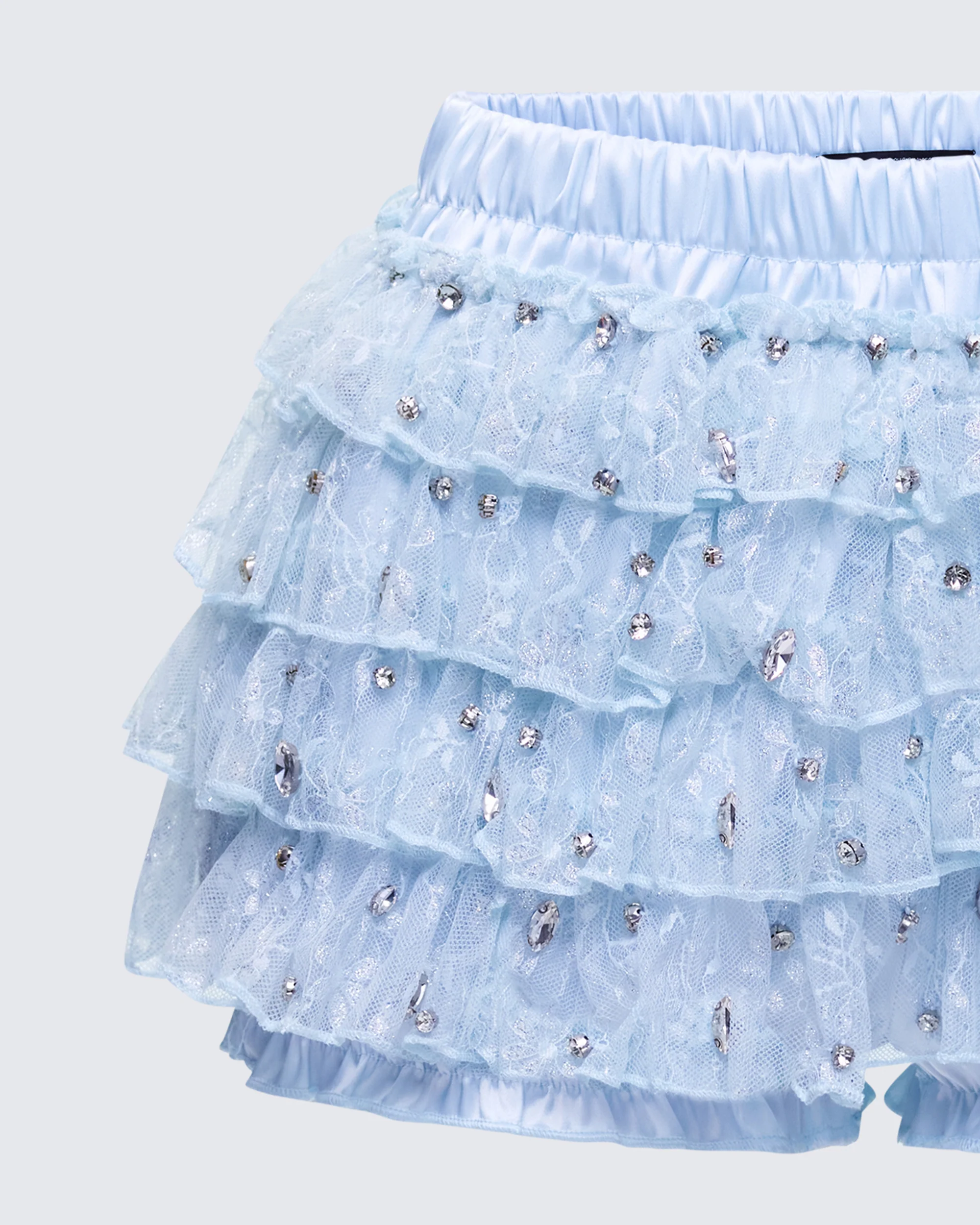 Love Hand Beaded Rhinestone Baby Blue Ruffle Short - Image 6