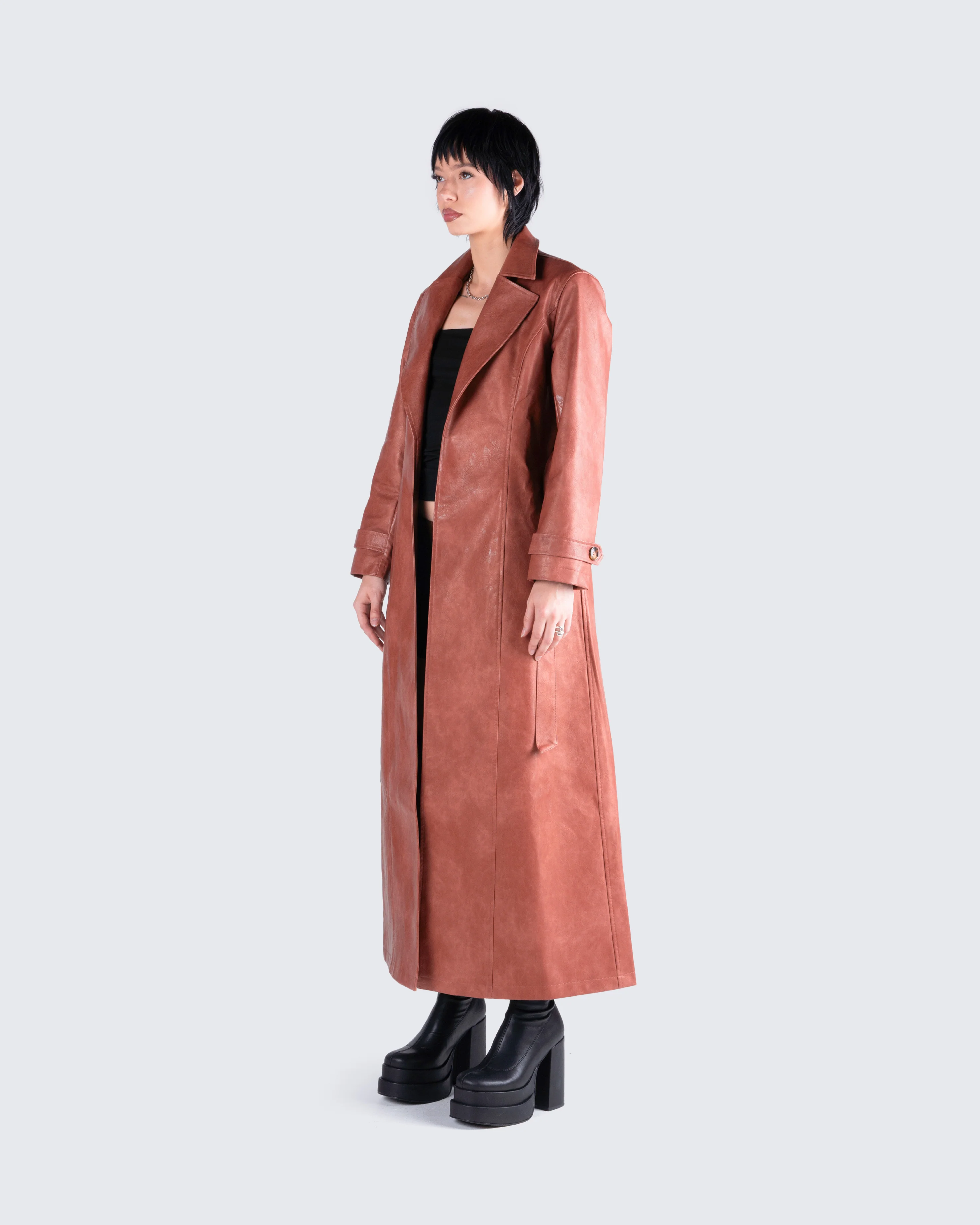 Lu Brown Vegan Leather Coat - Image 5