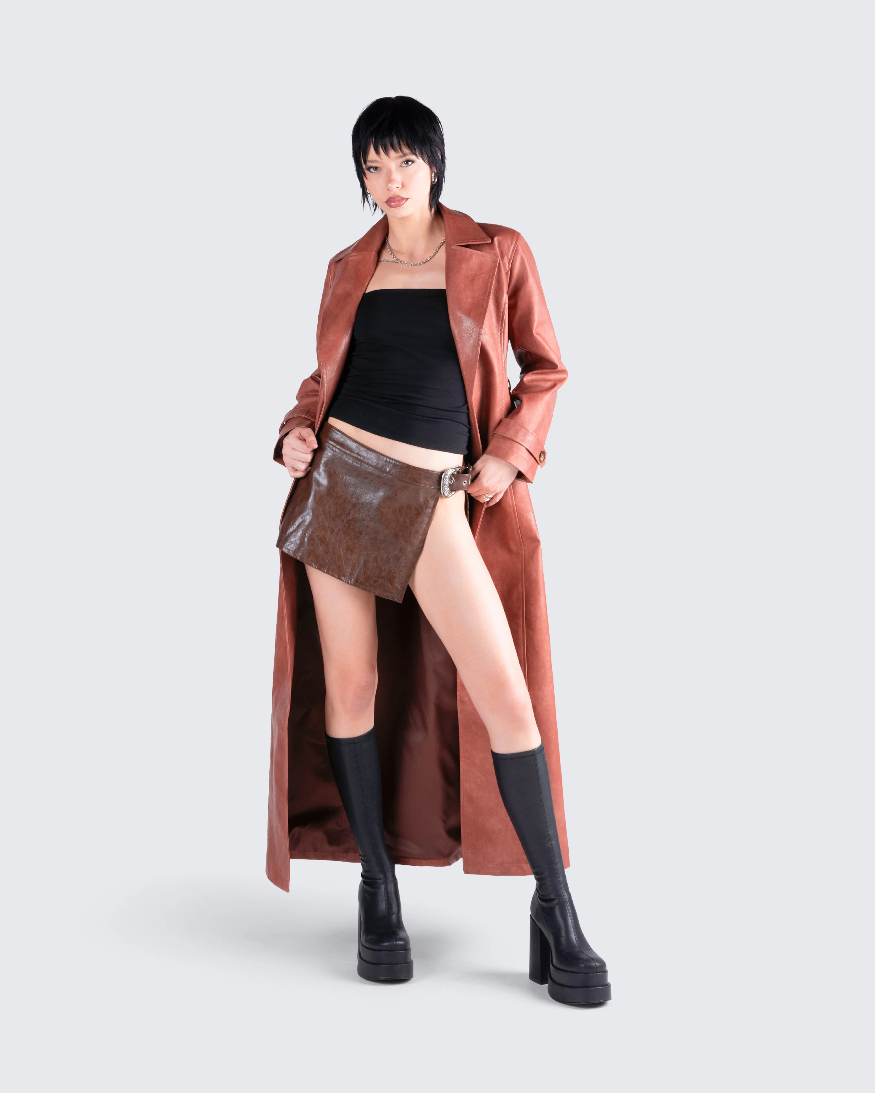 Lu Brown Vegan Leather Coat - Image 8