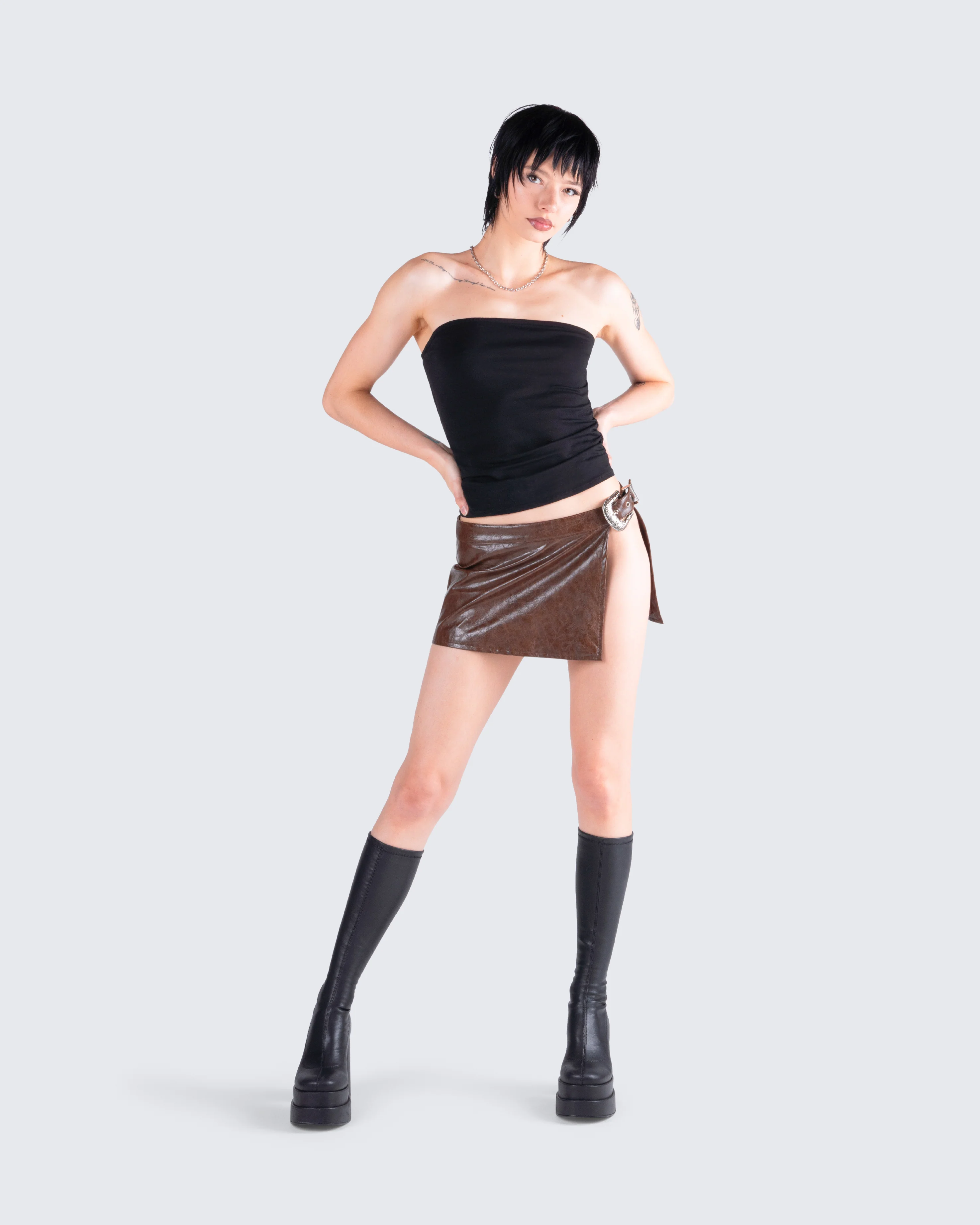 Lu Brown Vegan Leather Mini Skirt - Image 9