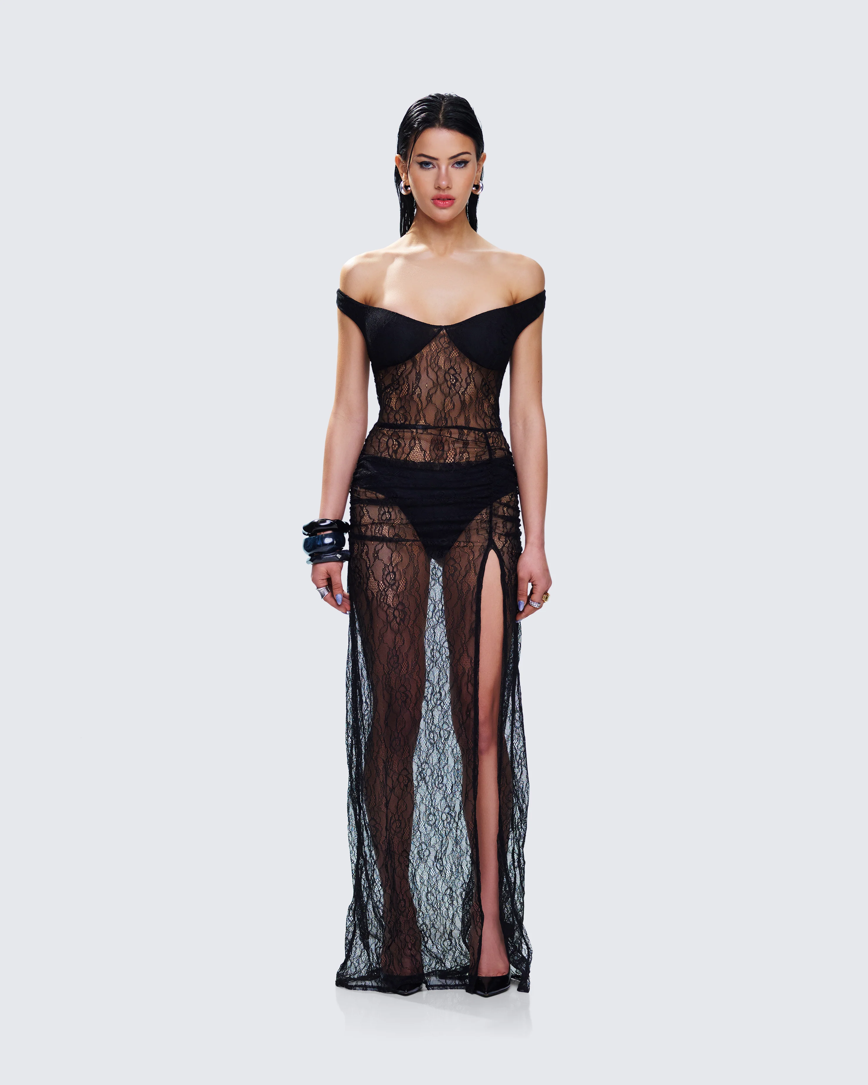 Ludovica Black Lace Bardot Maxi Dress - Image 4