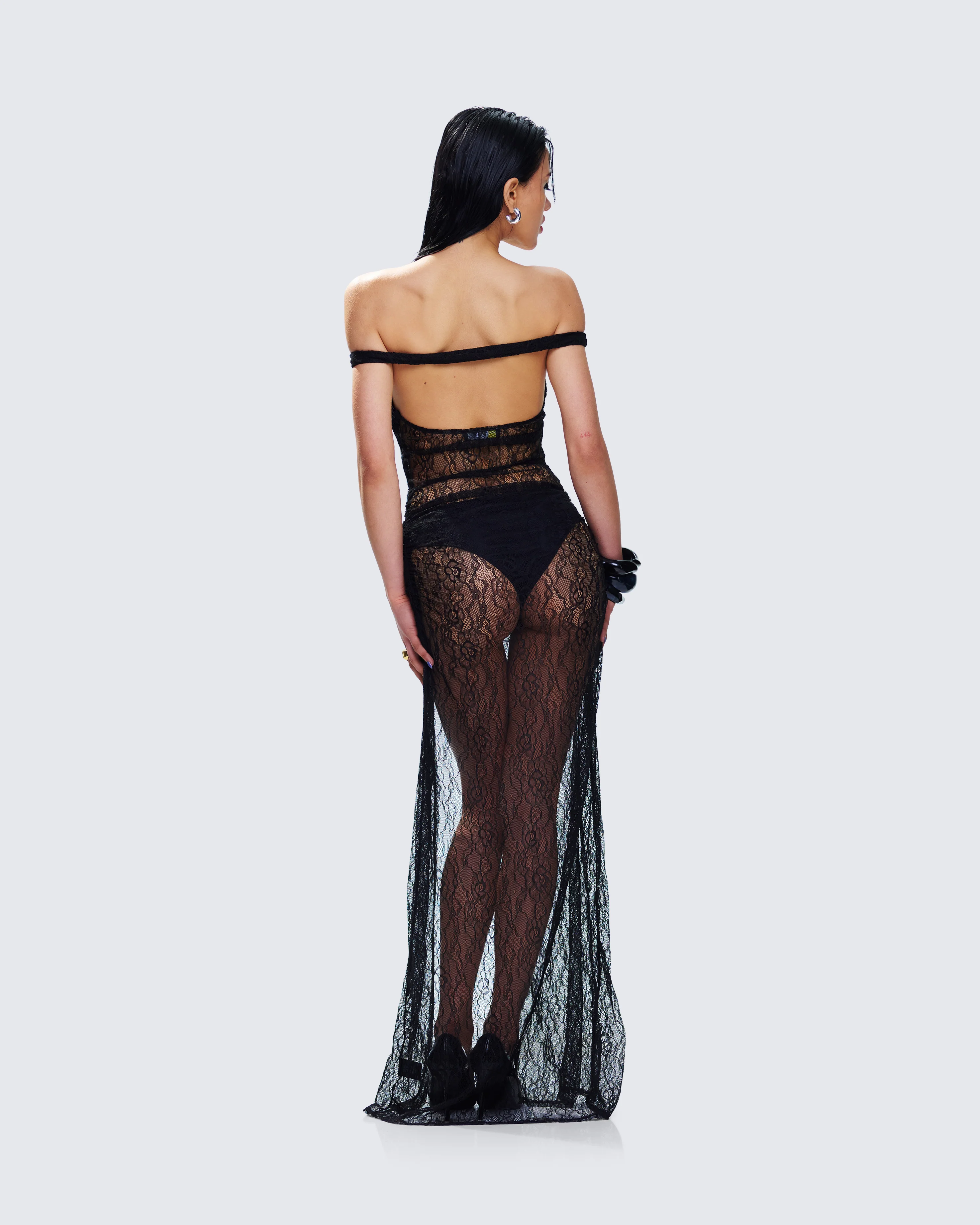 Ludovica Black Lace Bardot Maxi Dress - Image 7