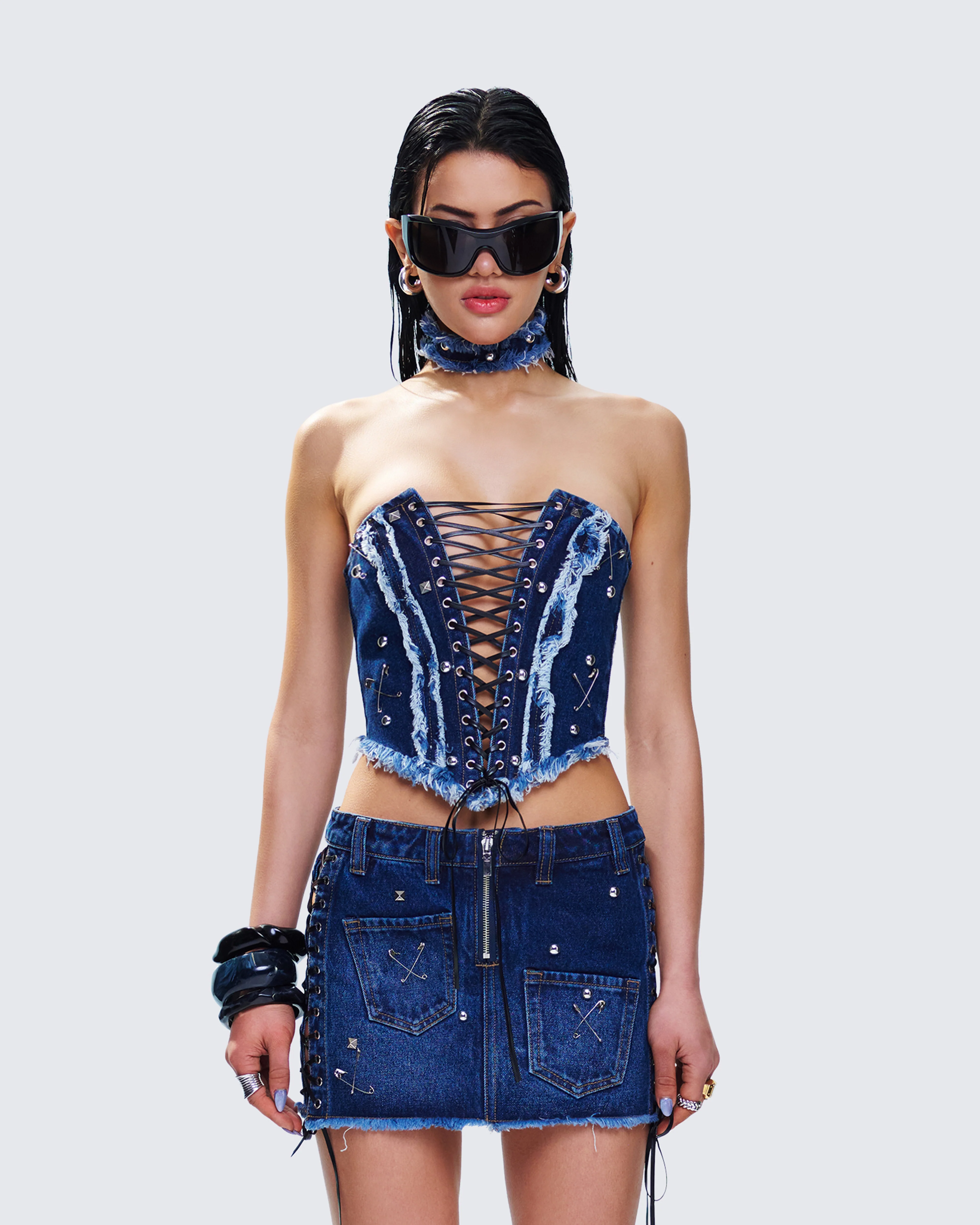 Maja Blue Denim Lace Up Corset Top - Image 2