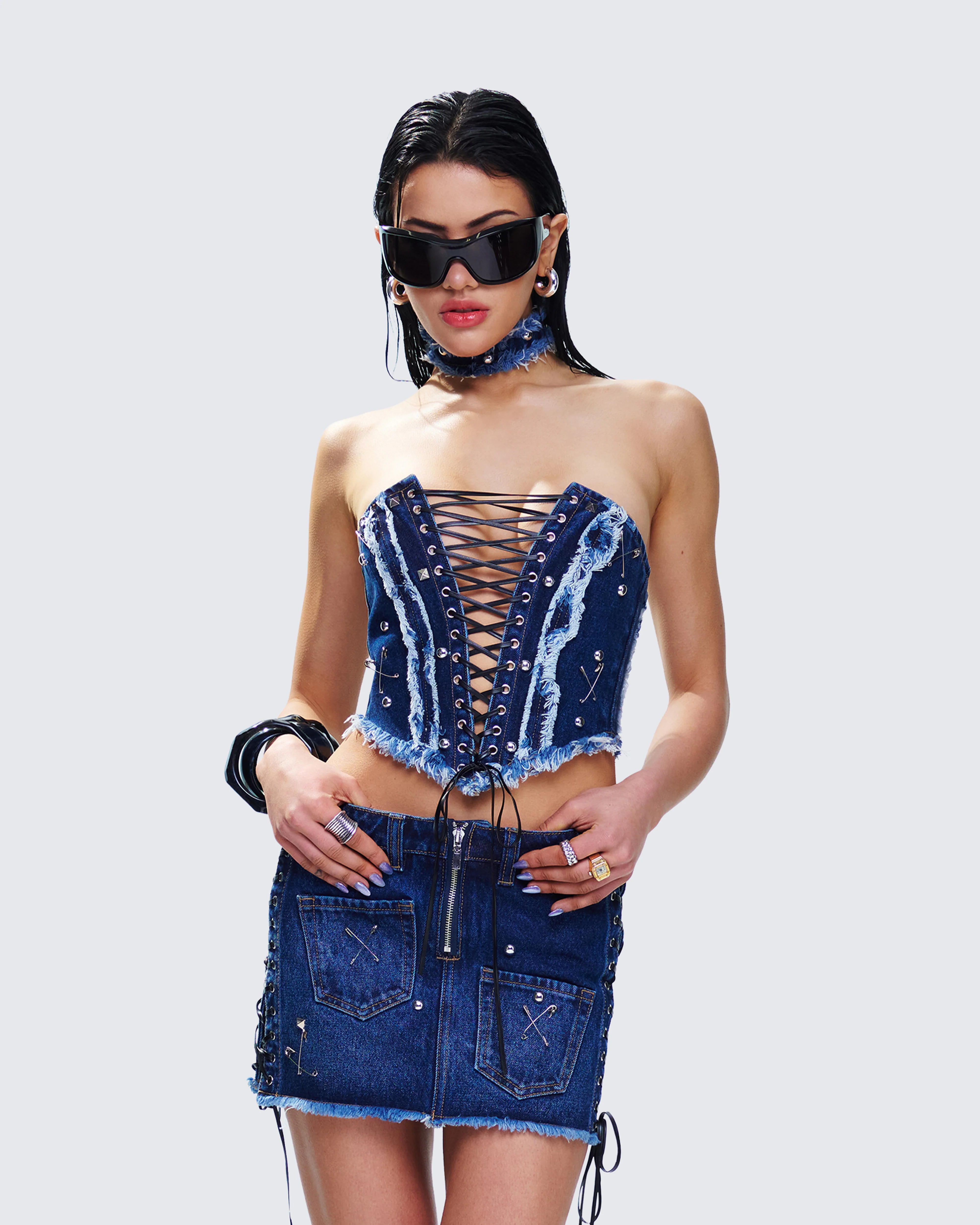 Maja Blue Denim Lace Up Corset Top - Image 4
