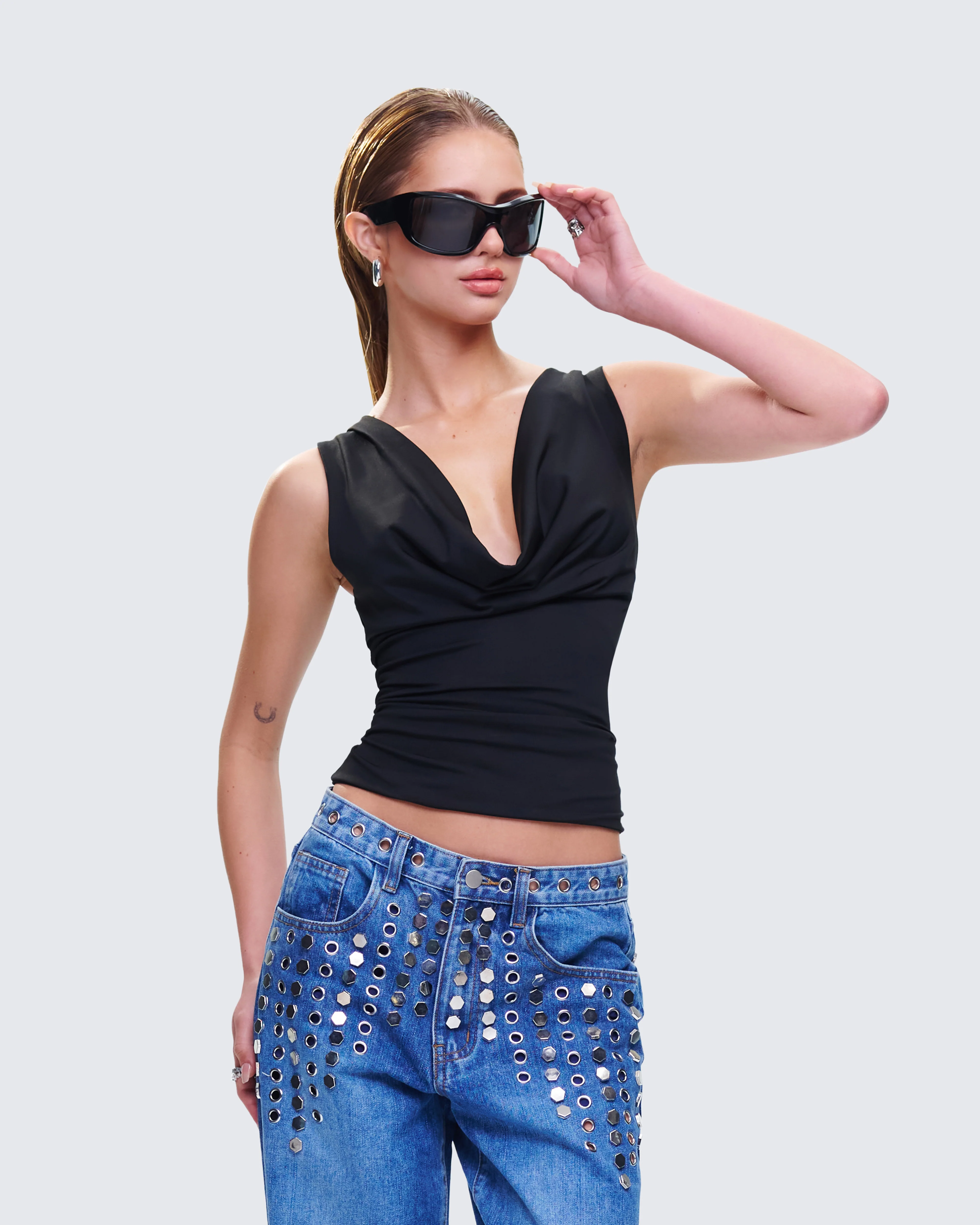 Mavi Black Chain Trim Cowl Top - Image 5