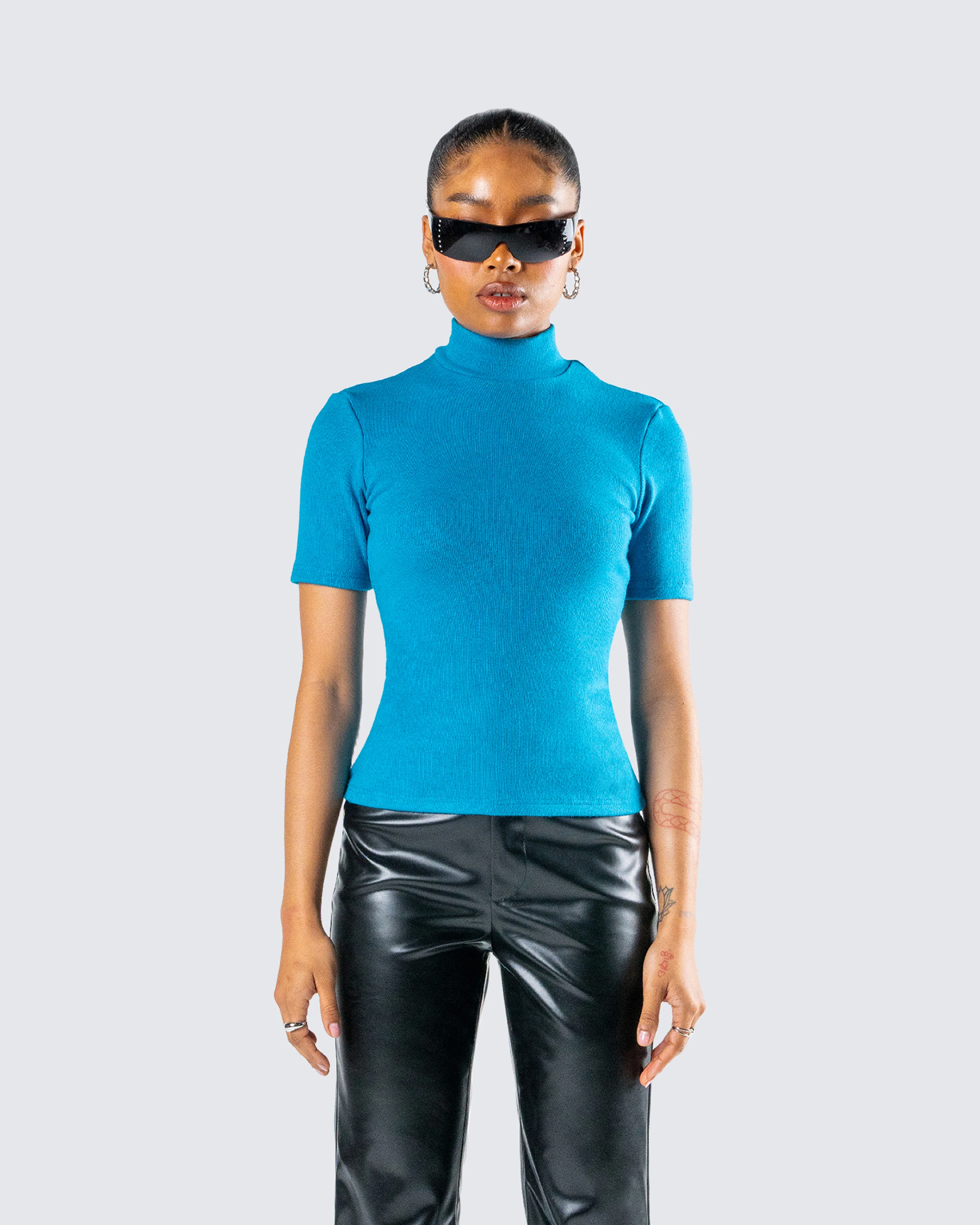 Maz Turquoise Rib Mock Neck Top - Image 4