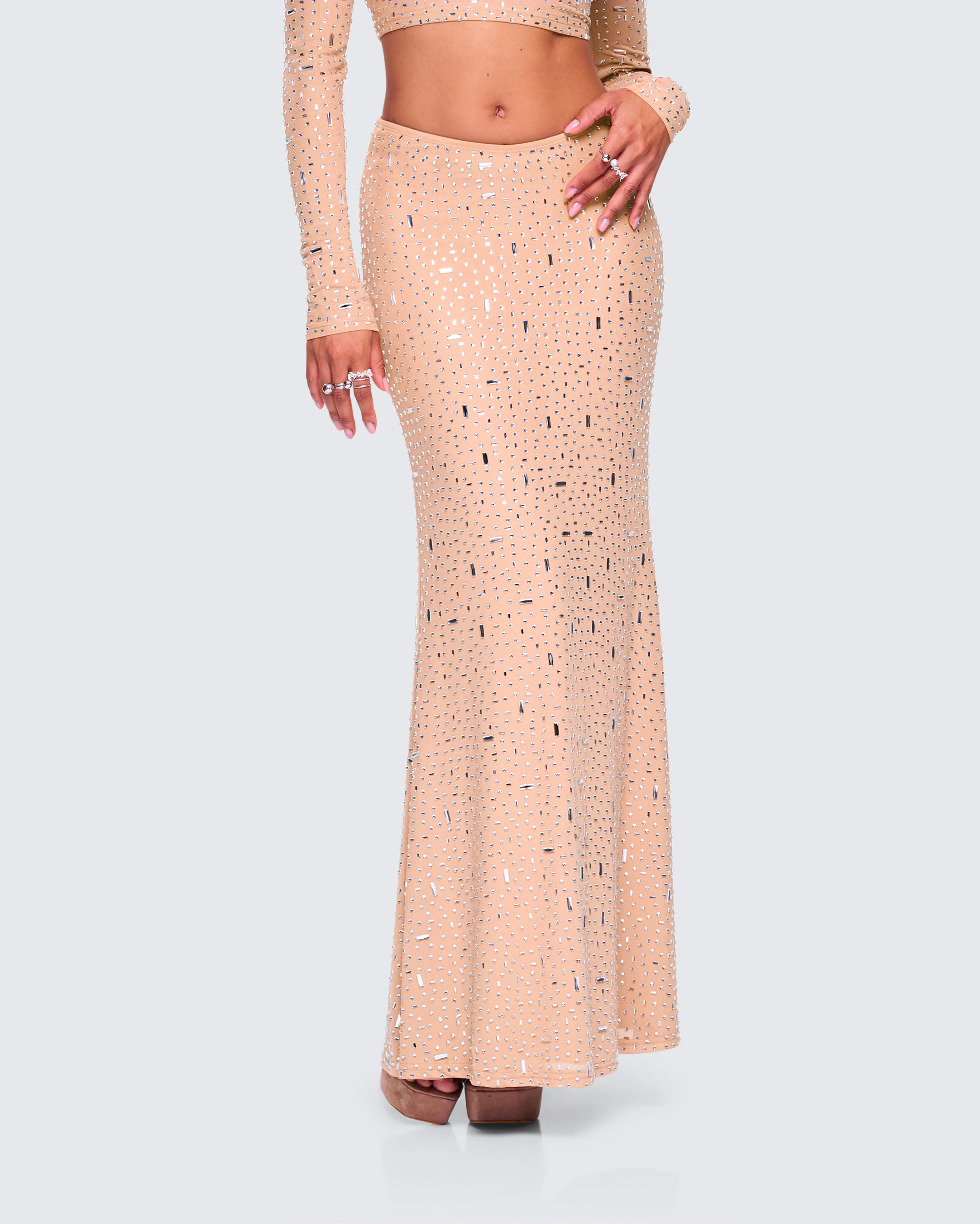 Maze Nude Rhinestone Maxi Skirt - Image 5
