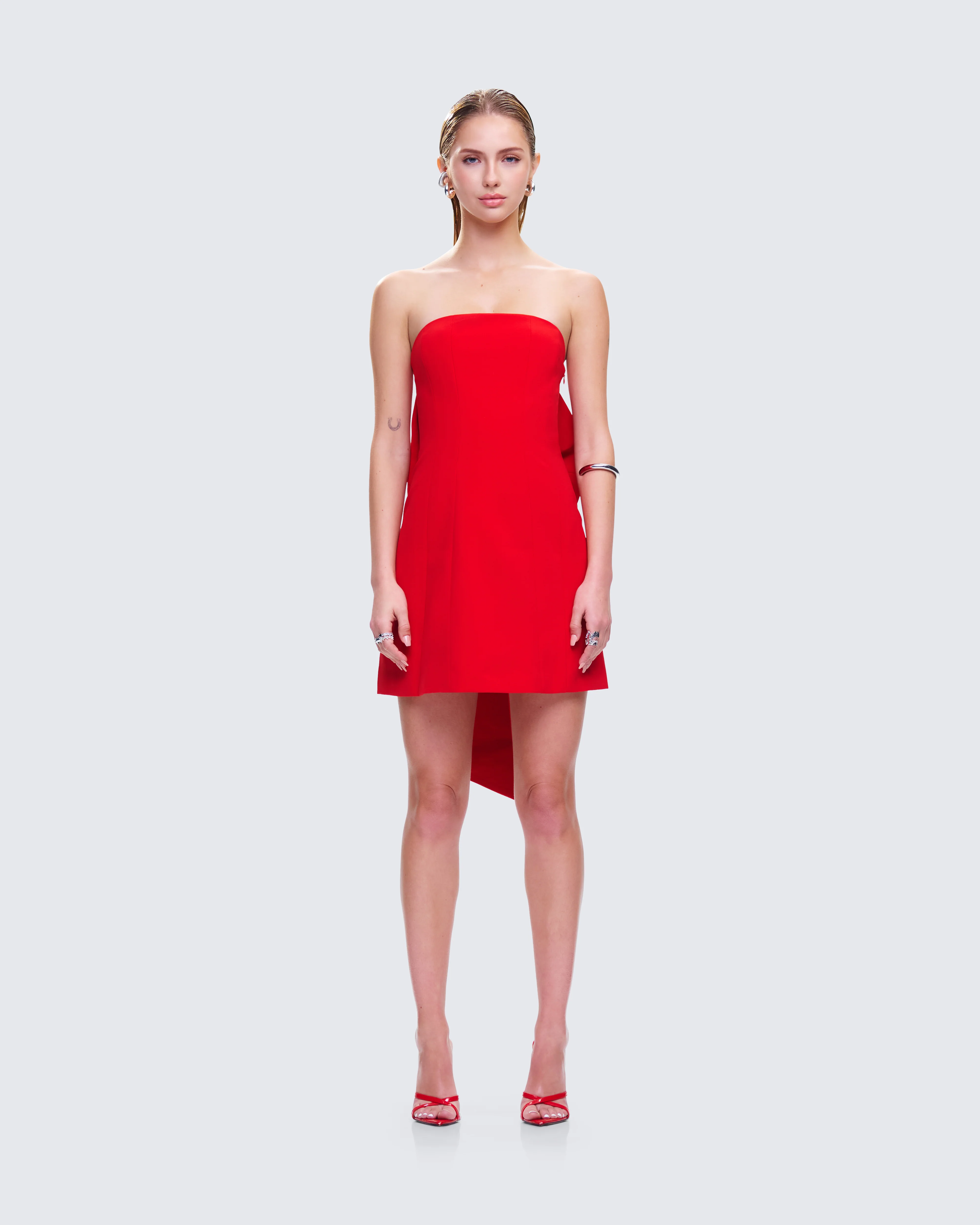 McKay Red Strapless Bow Mini Dress - Image 4