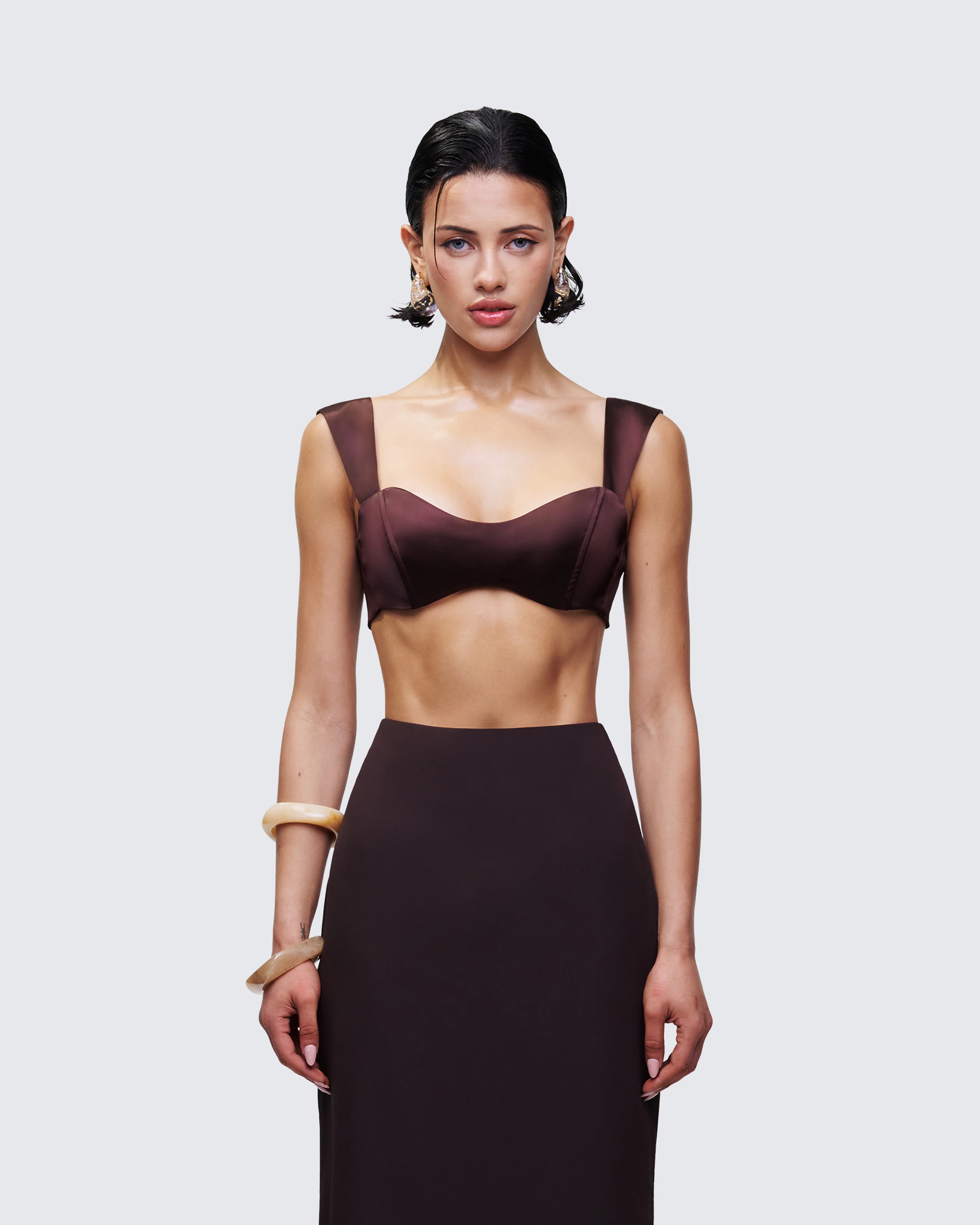 Mercedes Brown Satin Tie Crop Top - Image 2