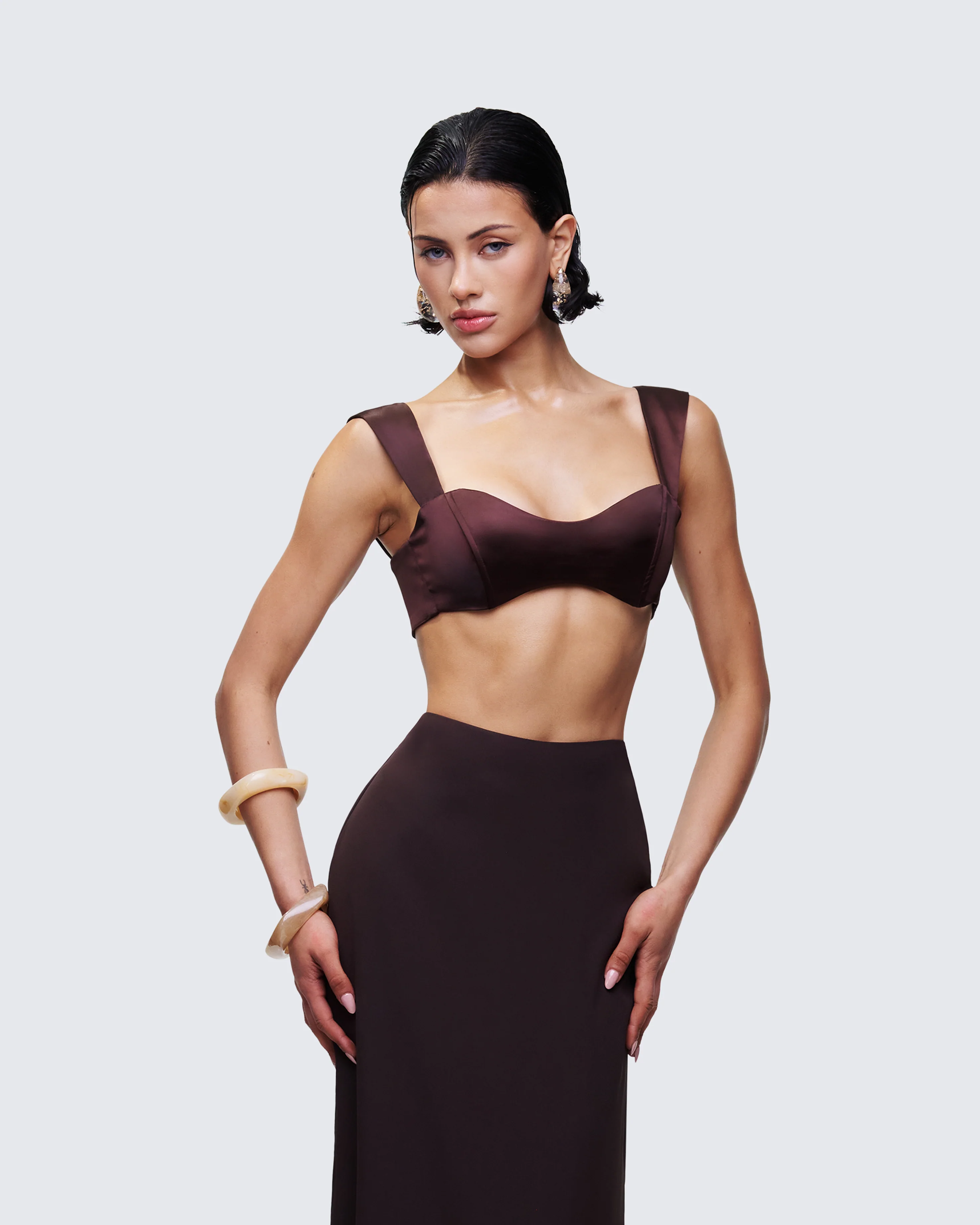 Mercedes Brown Satin Tie Crop Top - Image 3