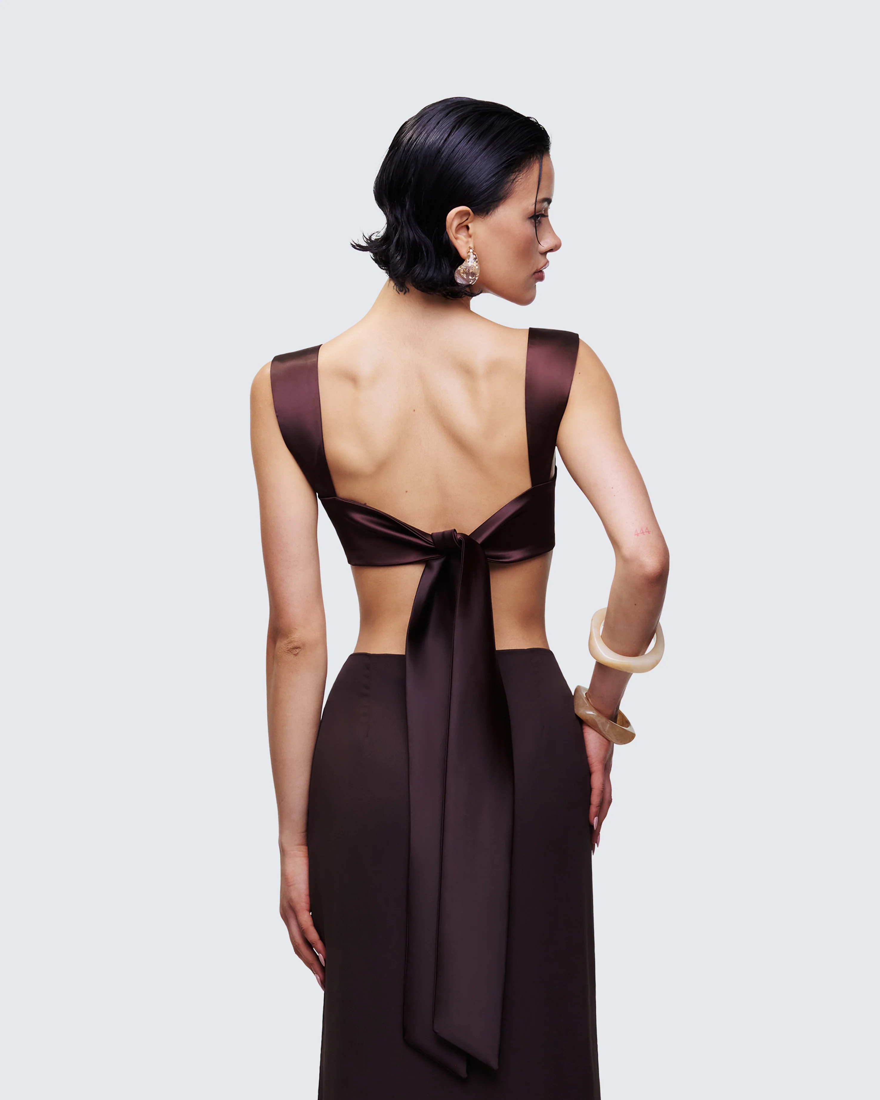 Mercedes Brown Satin Tie Crop Top - Image 4