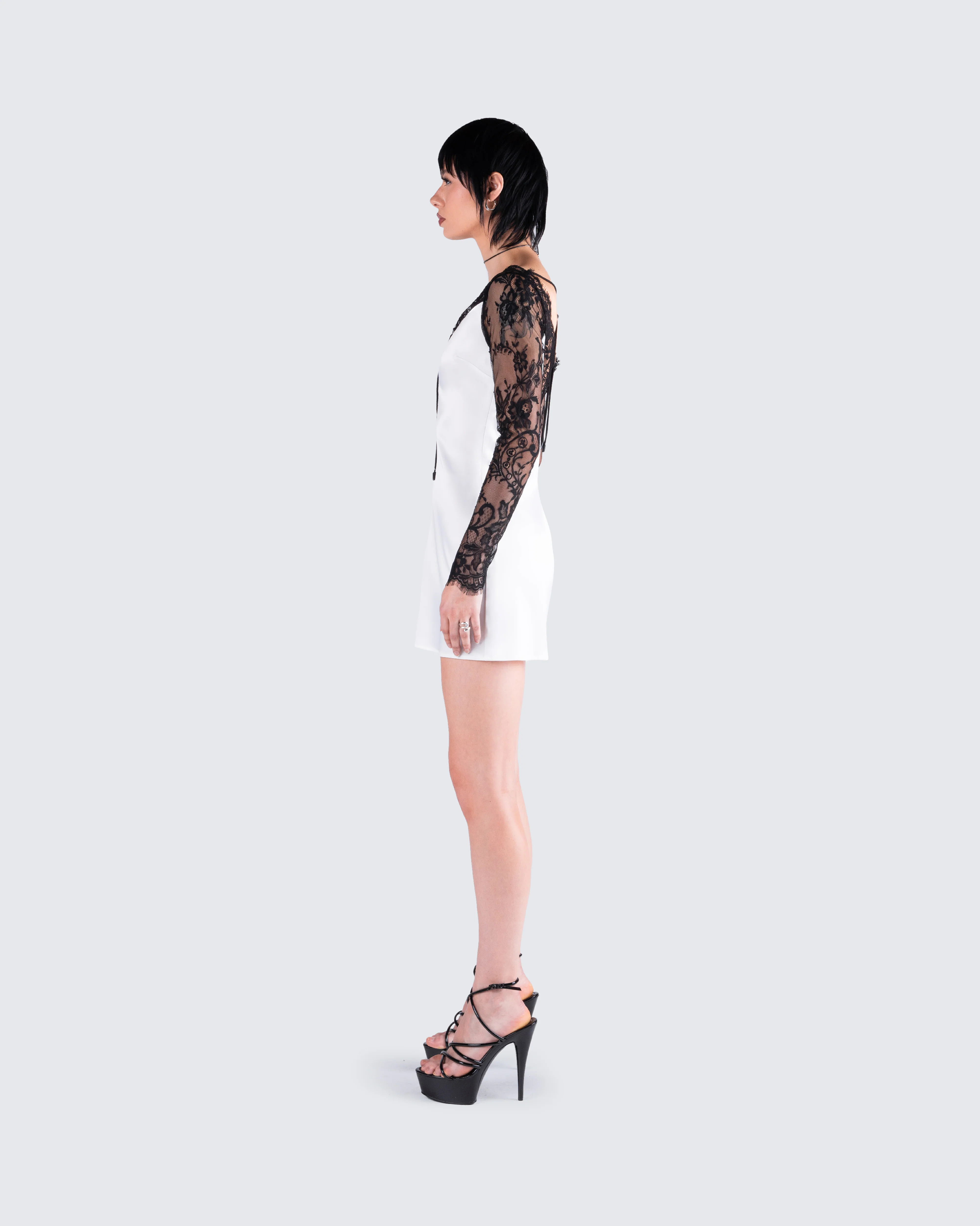 Minnie White Satin Lace Trim Dress - Image 6