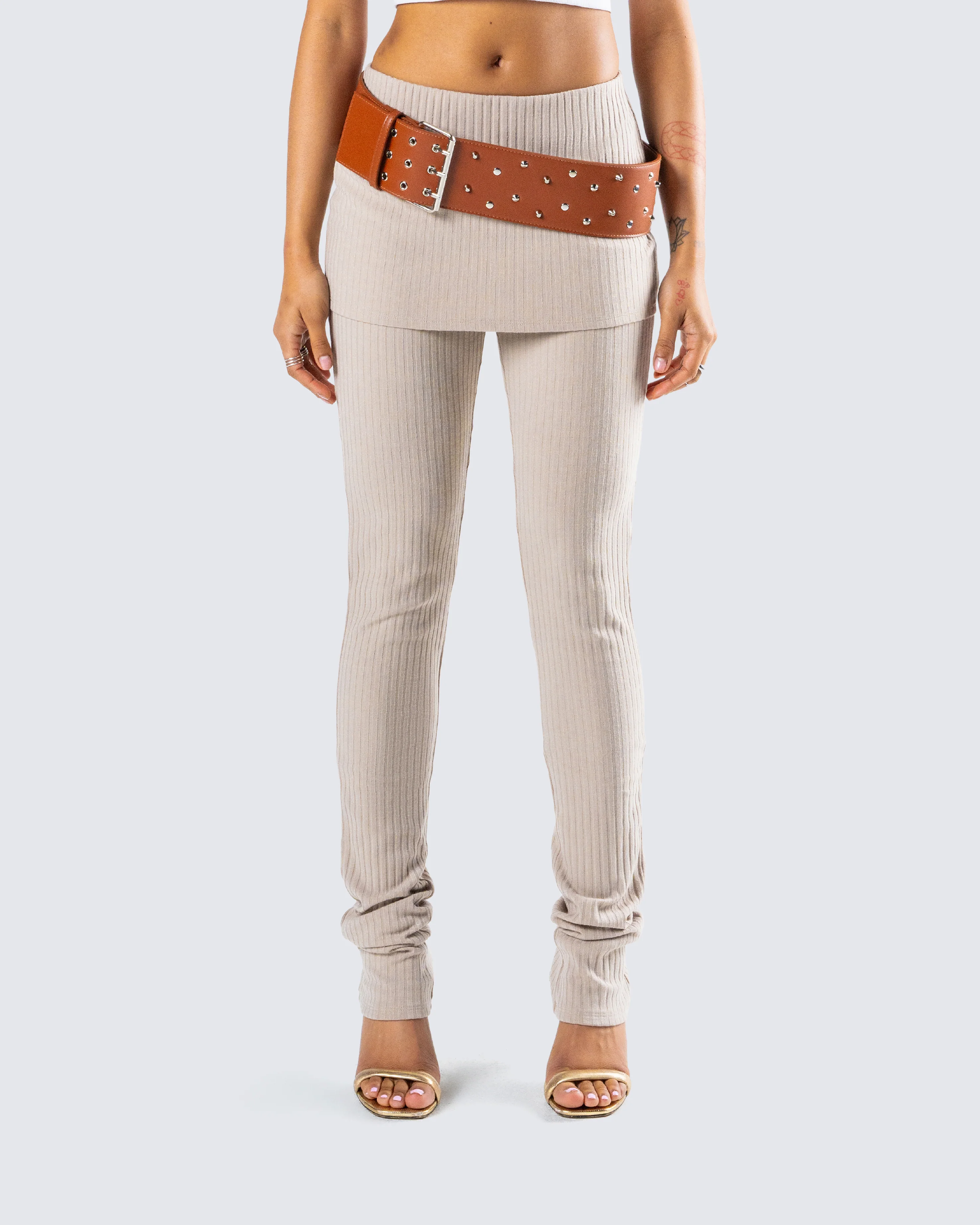 Myka Beige Rib Foldover Legging - Image 4