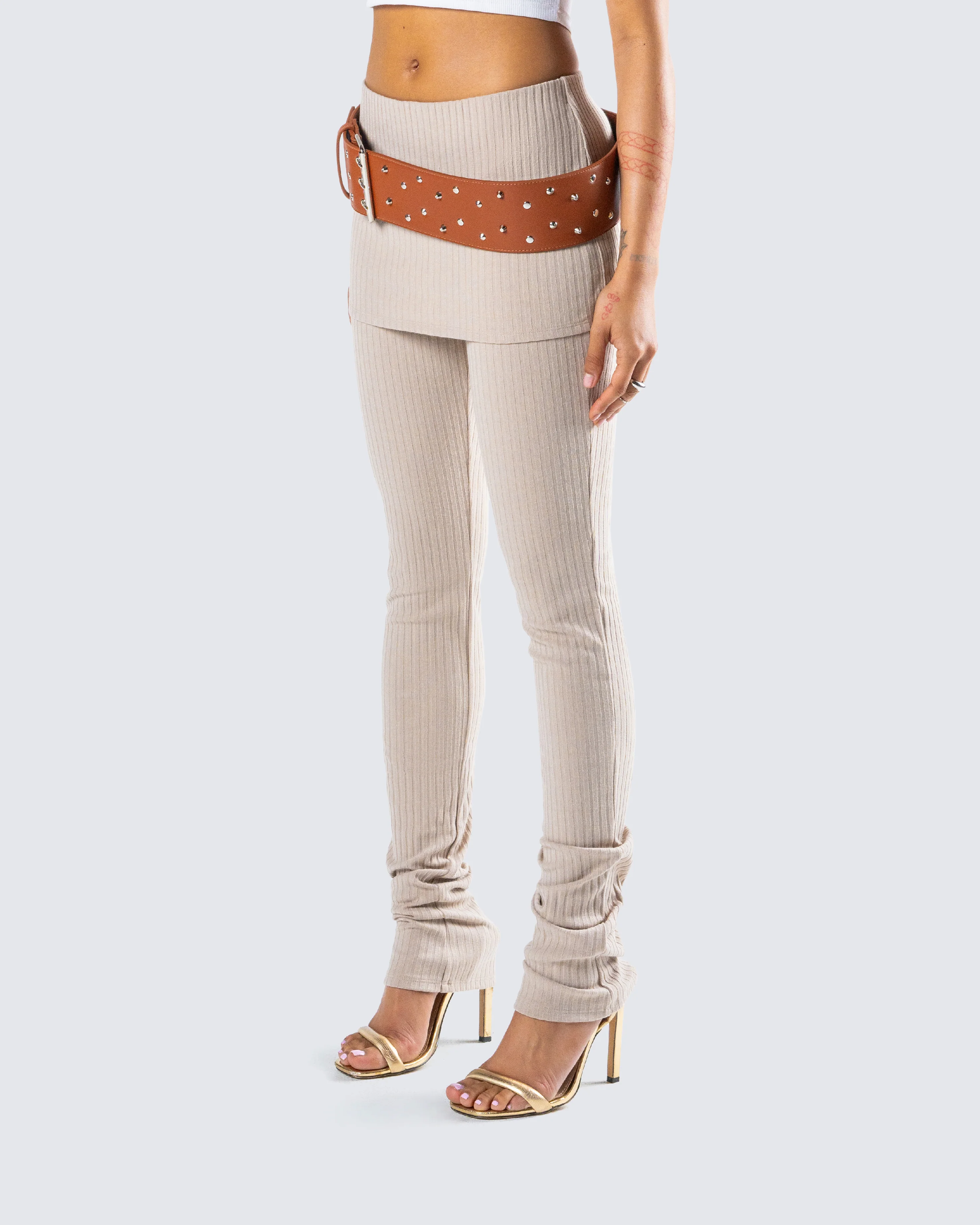 Myka Beige Rib Foldover Legging - Image 5