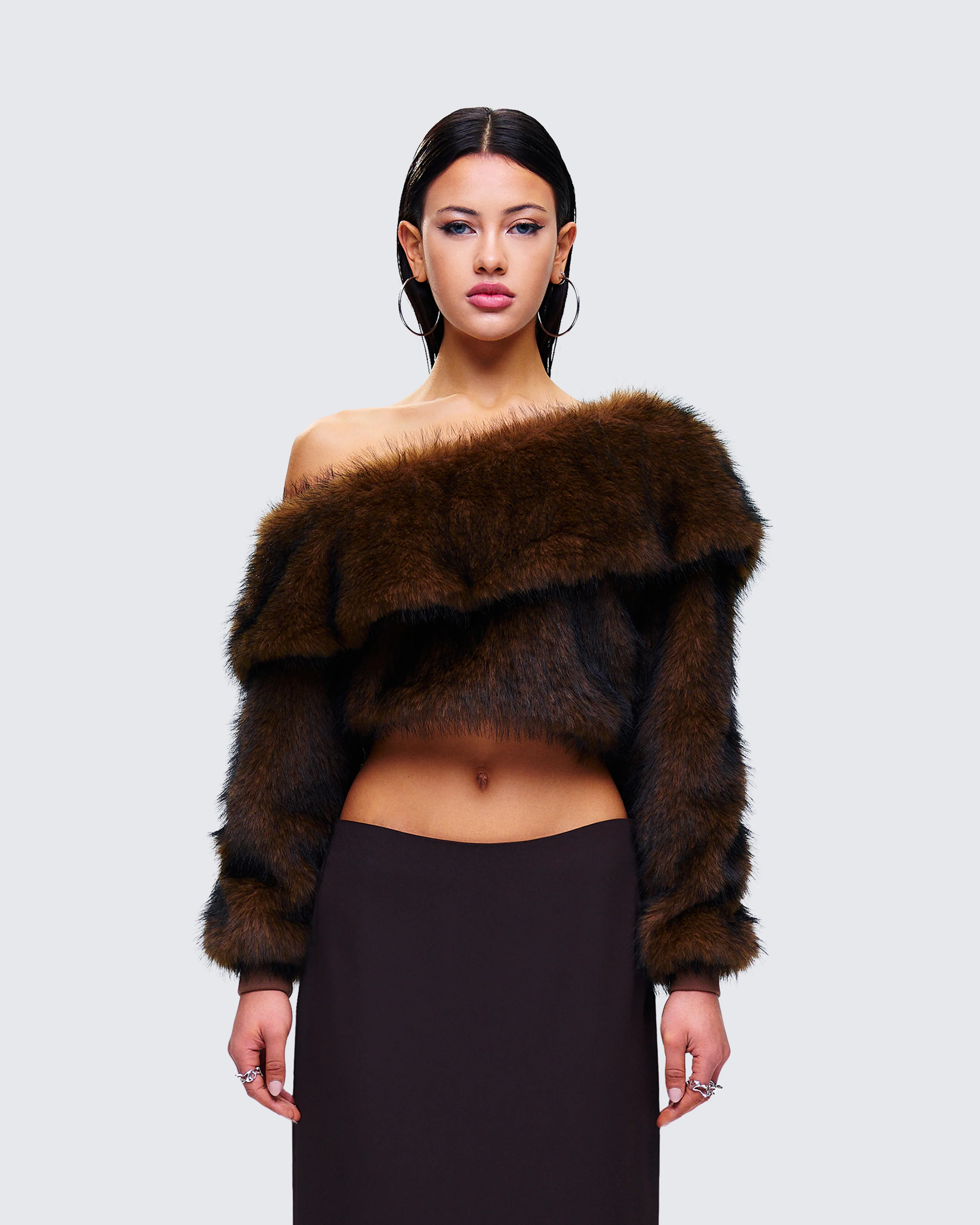 Nadi Brown Faux Fur Off Shoulder Top - Image 2