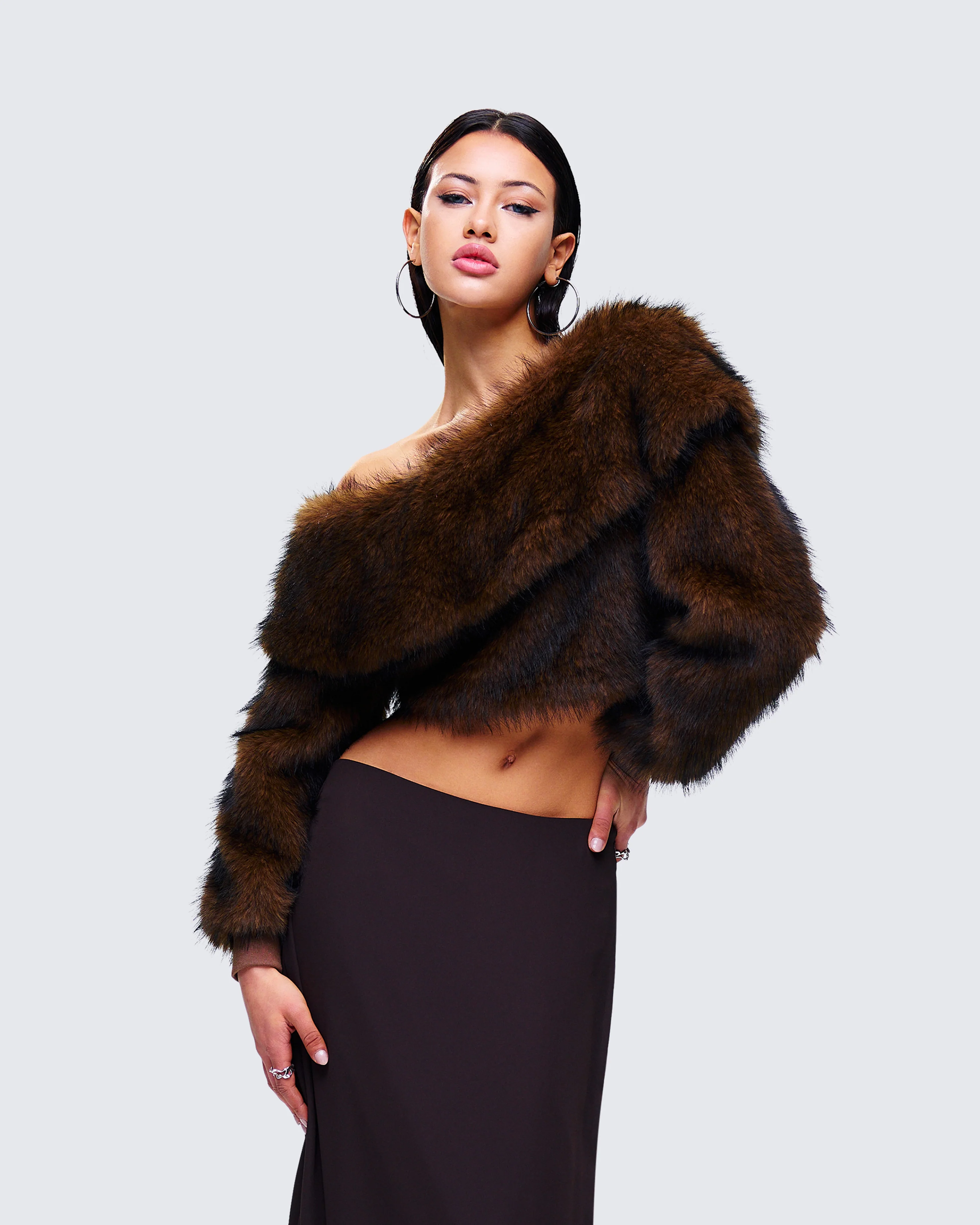 Nadi Brown Faux Fur Off Shoulder Top - Image 3