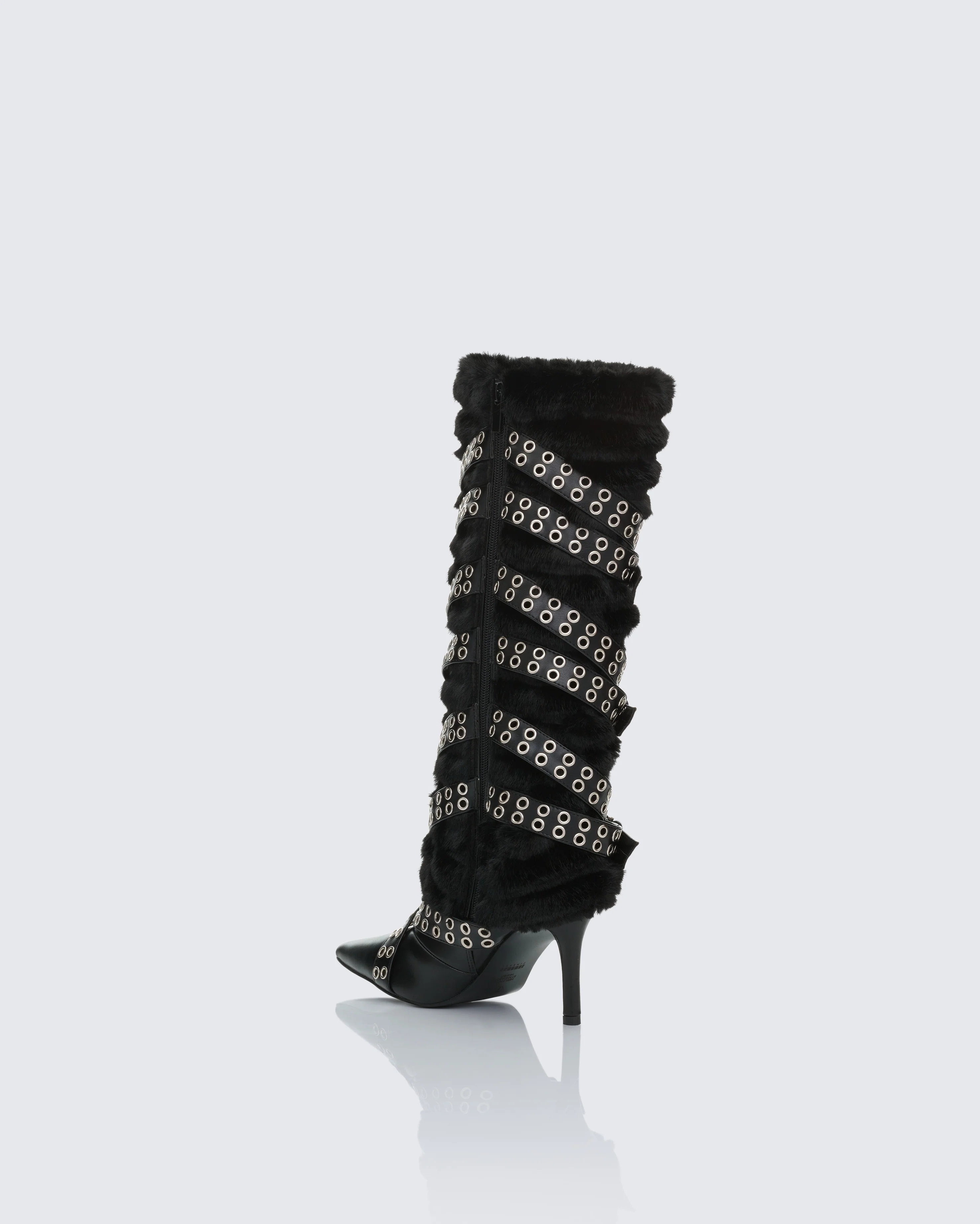 Namira Black Fur Knee High Buckle Strapped Boot - Image 3