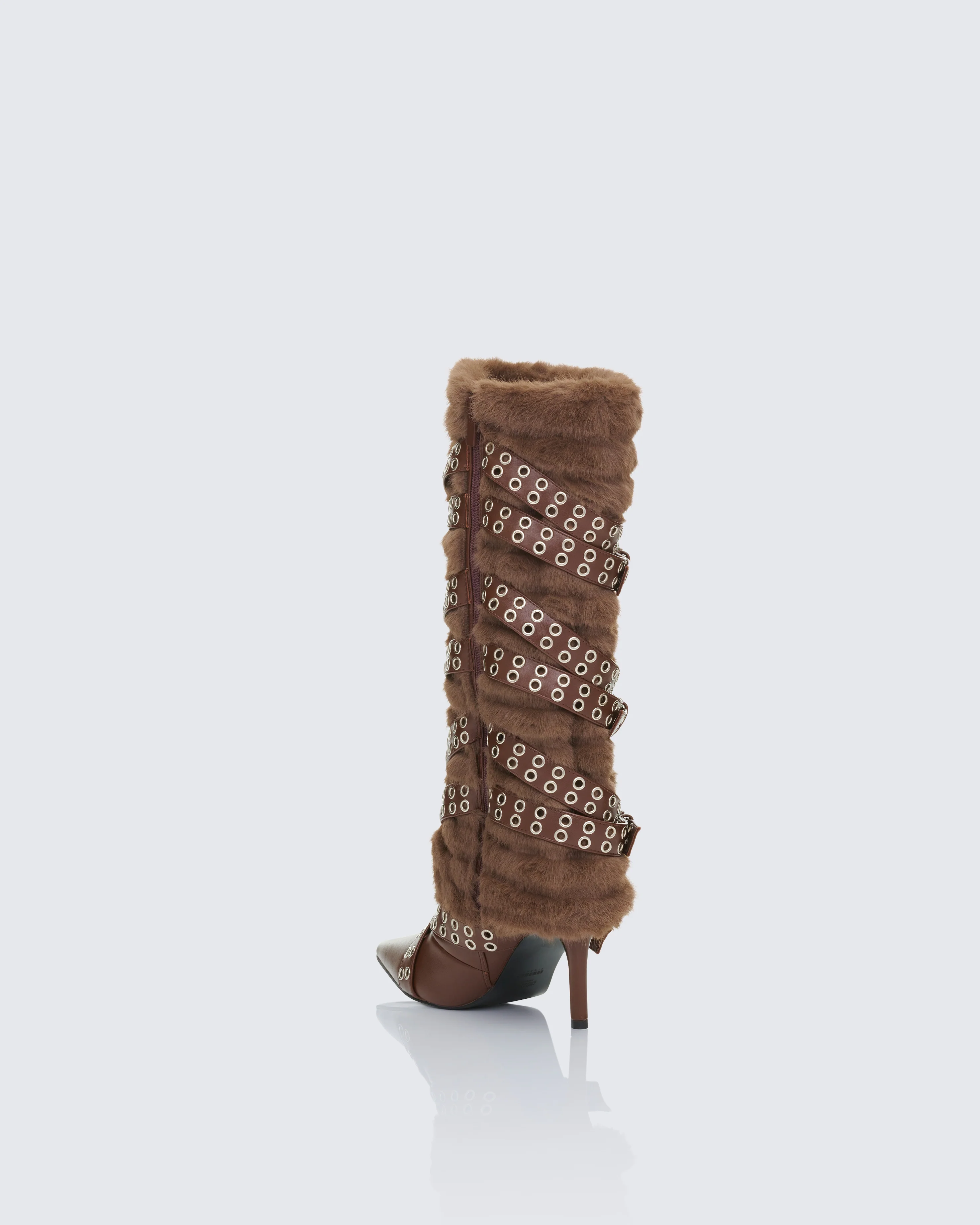 Namira Brown Fur Knee High Buckle Strapped Boot - Image 3