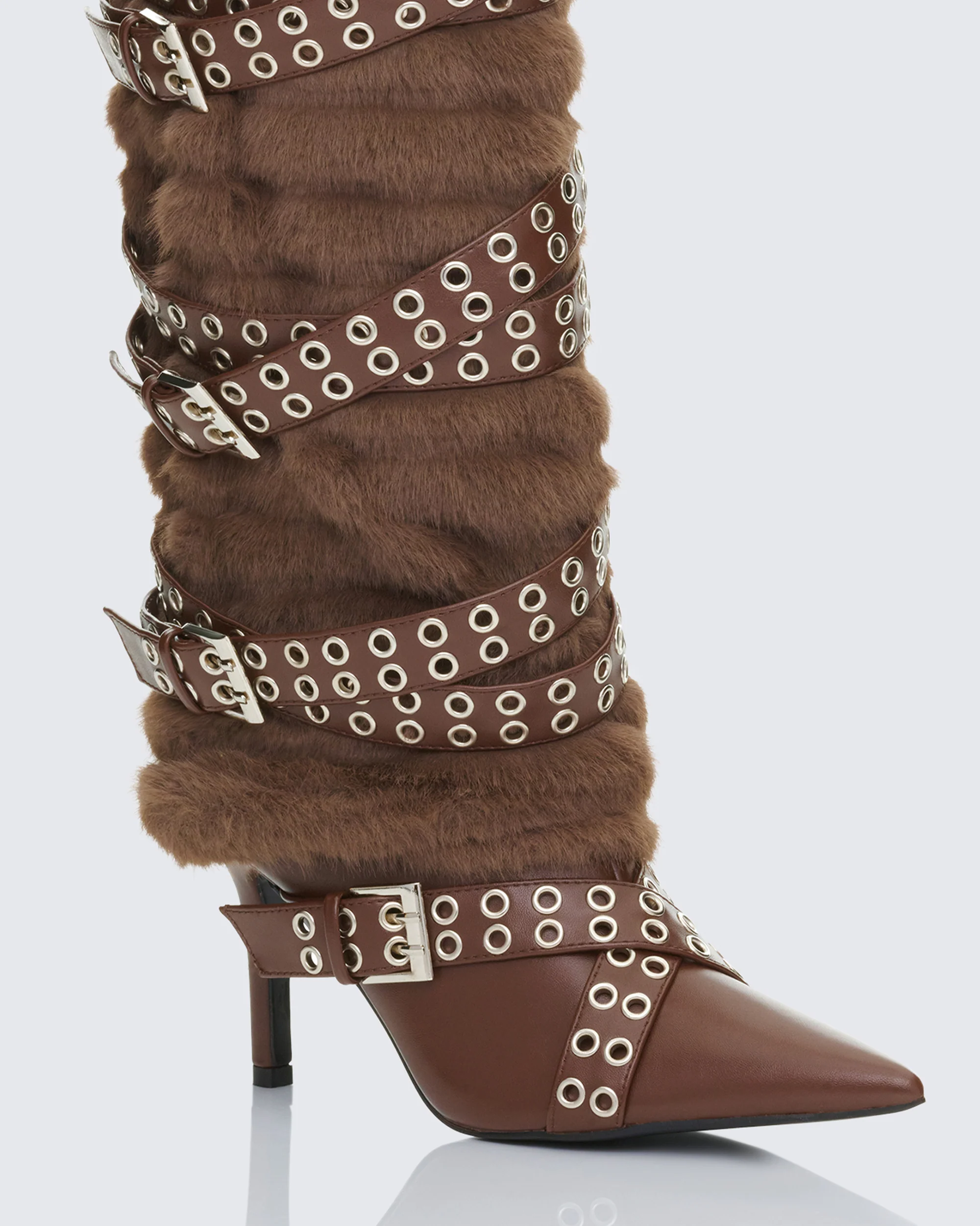 Namira Brown Fur Knee High Buckle Strapped Boot - Image 4