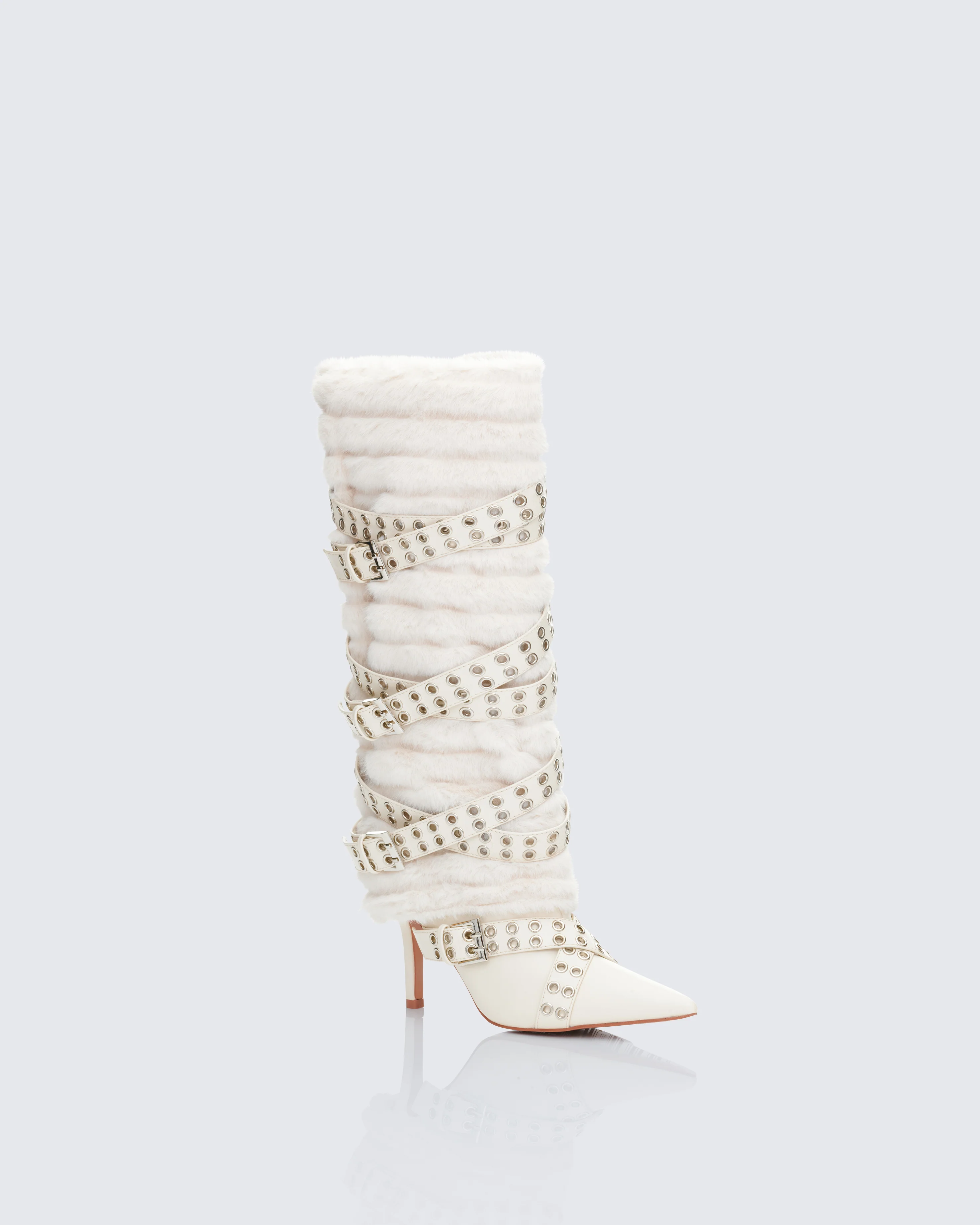 Namira Cream Fur Knee High Buckle Strapped Boot - Image 2