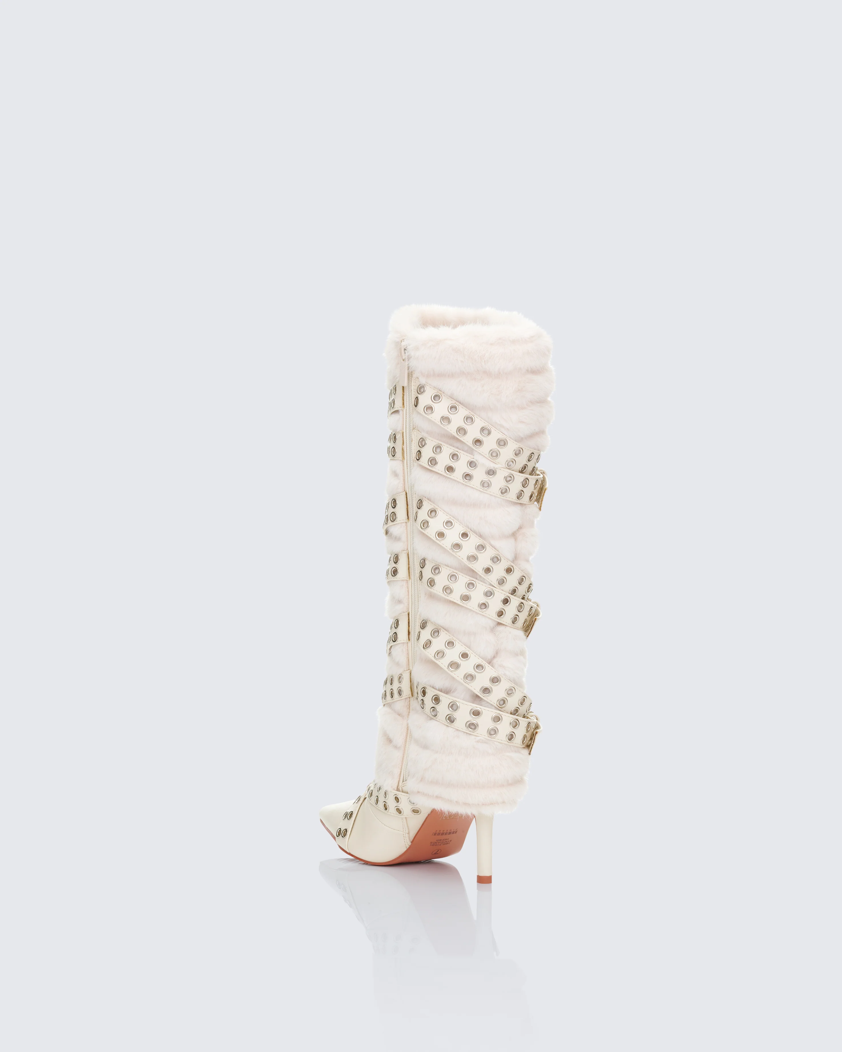 Namira Cream Fur Knee High Buckle Strapped Boot - Image 3