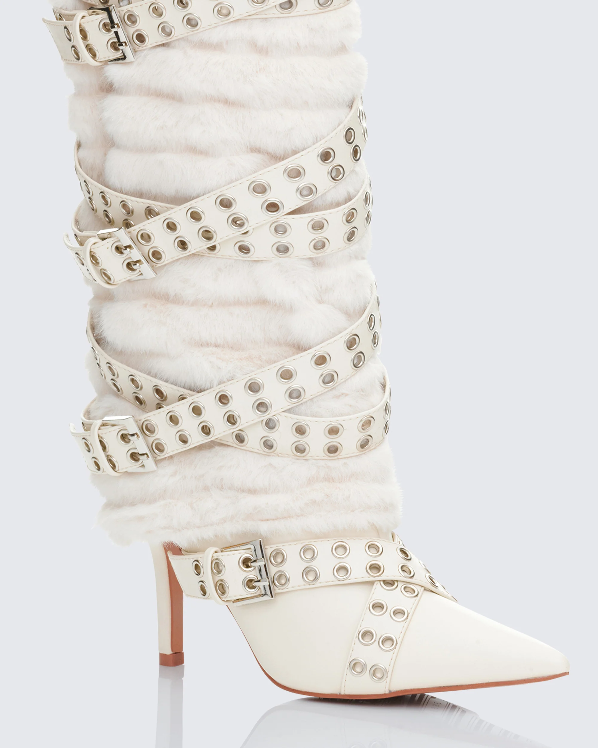 Namira Cream Fur Knee High Buckle Strapped Boot - Image 4