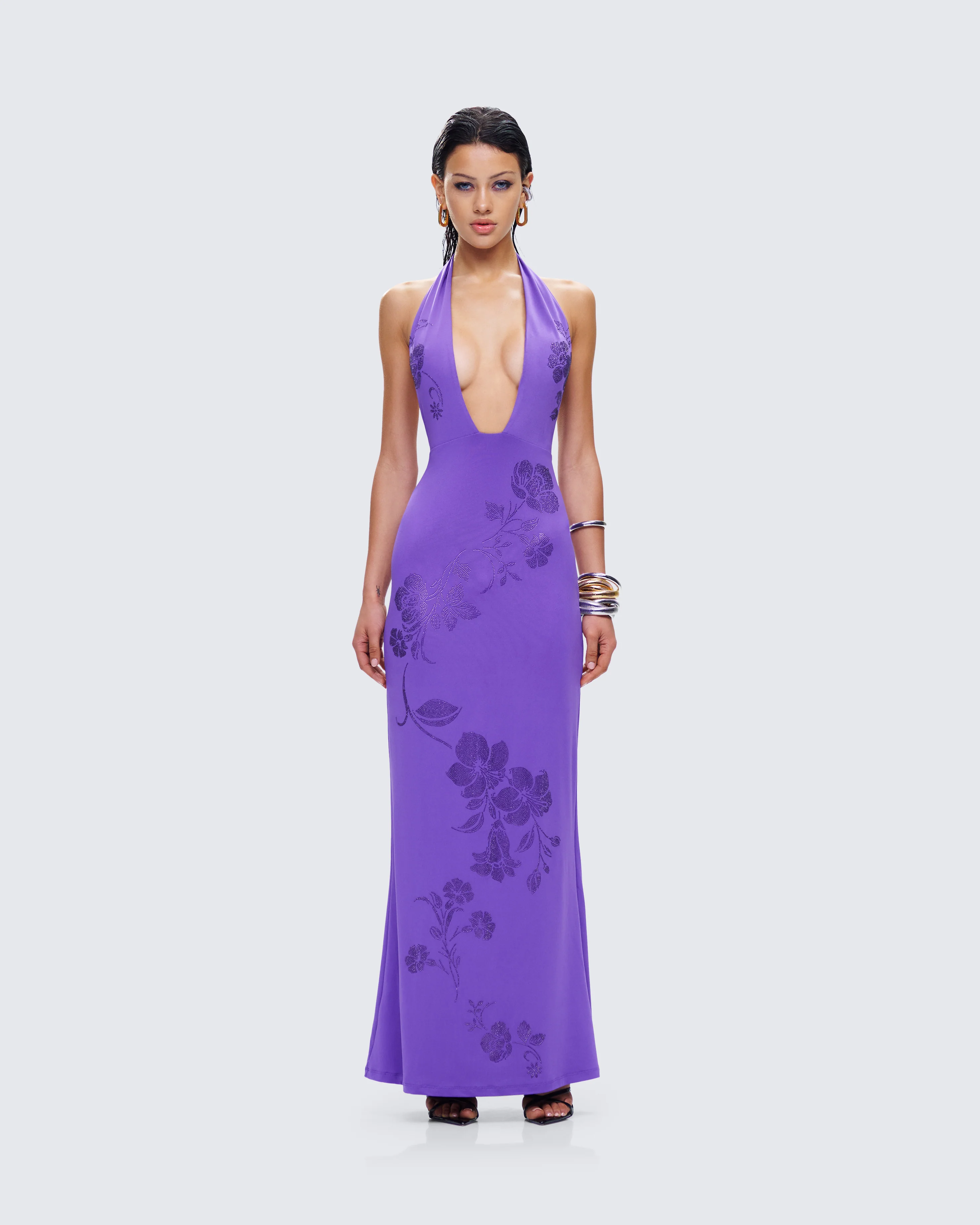 Nari Purple Rhinestone Plunge Maxi Dress - Image 4