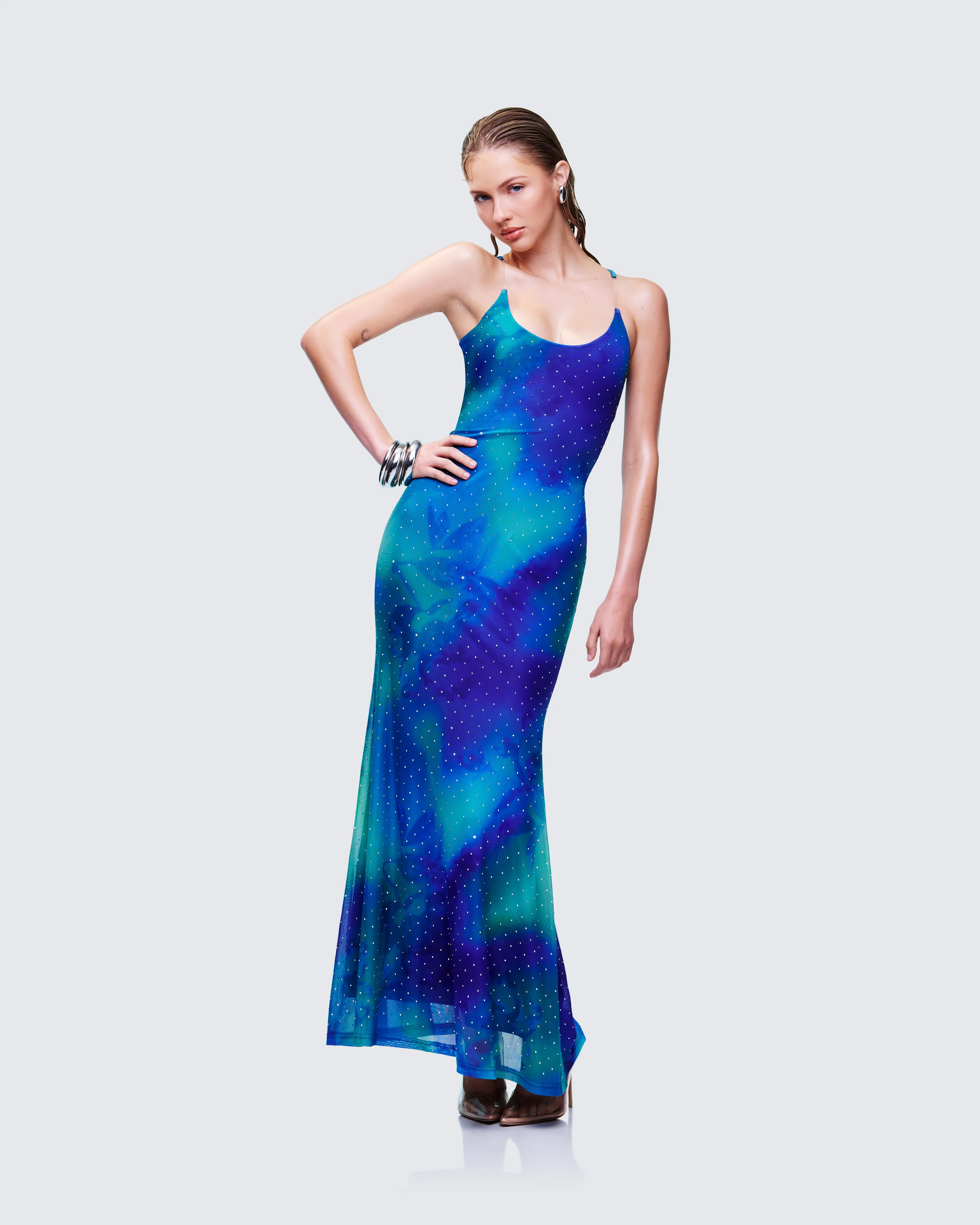 Naya Blue Printed Mesh Maxi Dress - Image 4