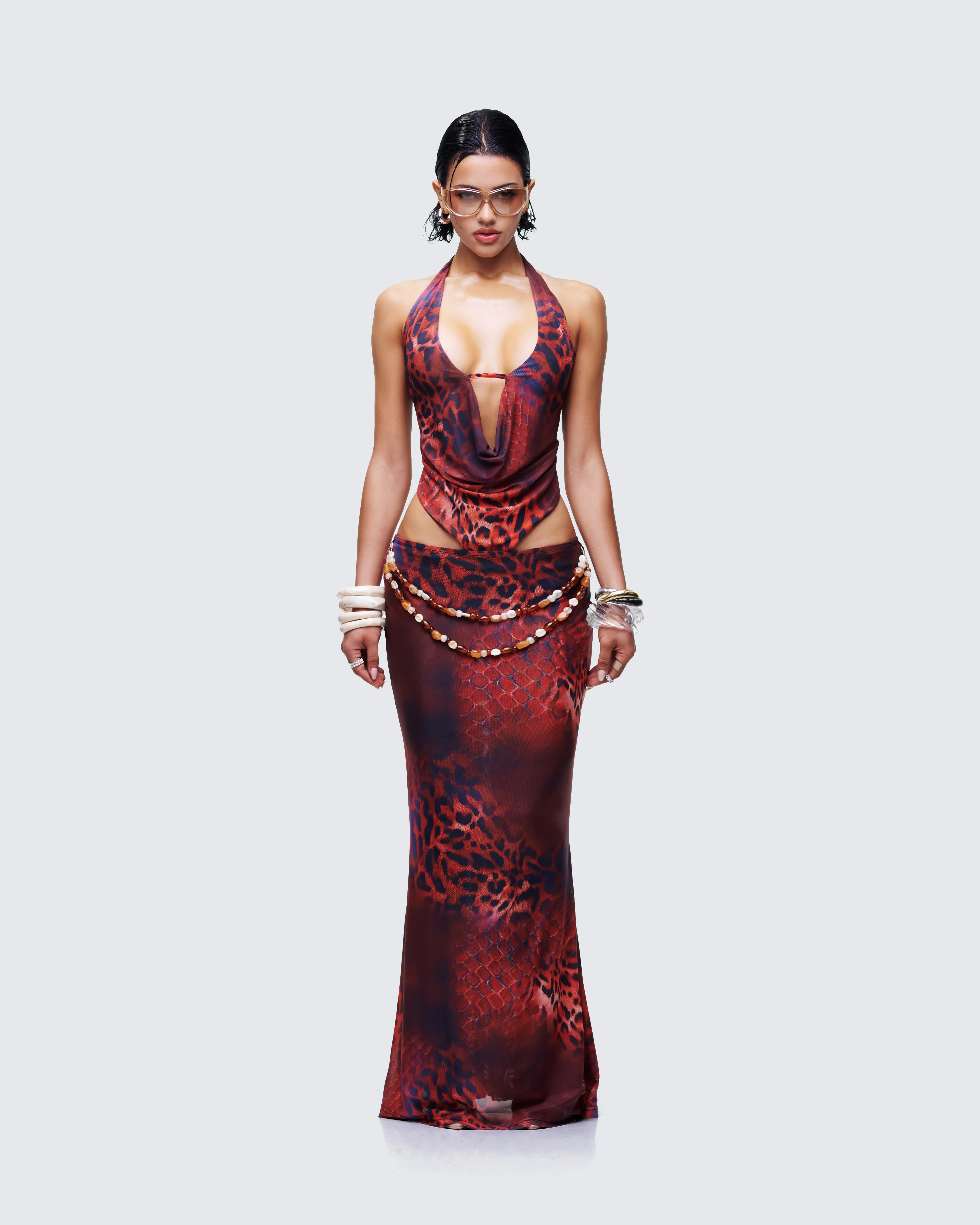 Neeve Red Mesh Bead Trim Maxi Dress - Image 2