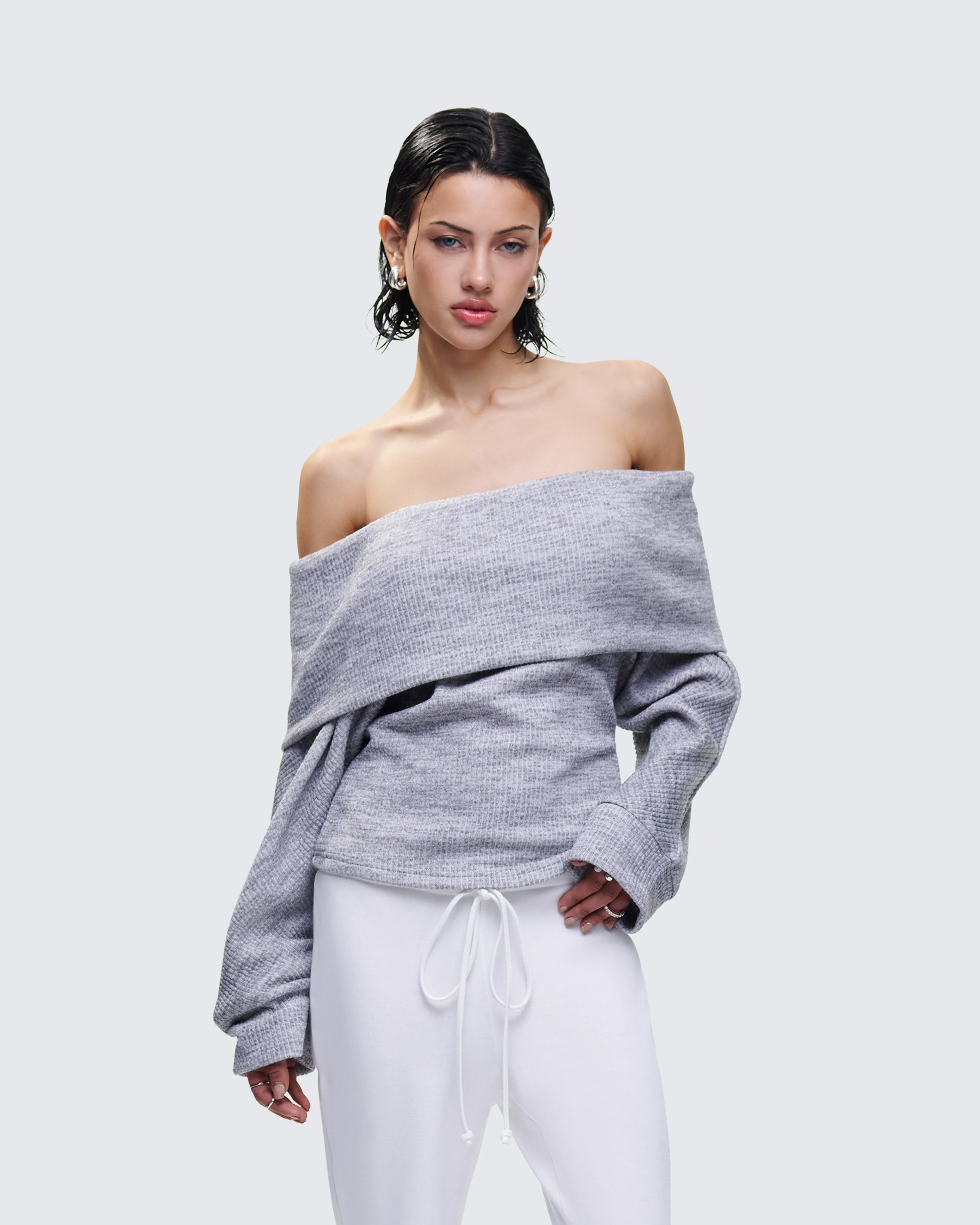Nesa Grey Off Shoulder Sweater Top - Image 5