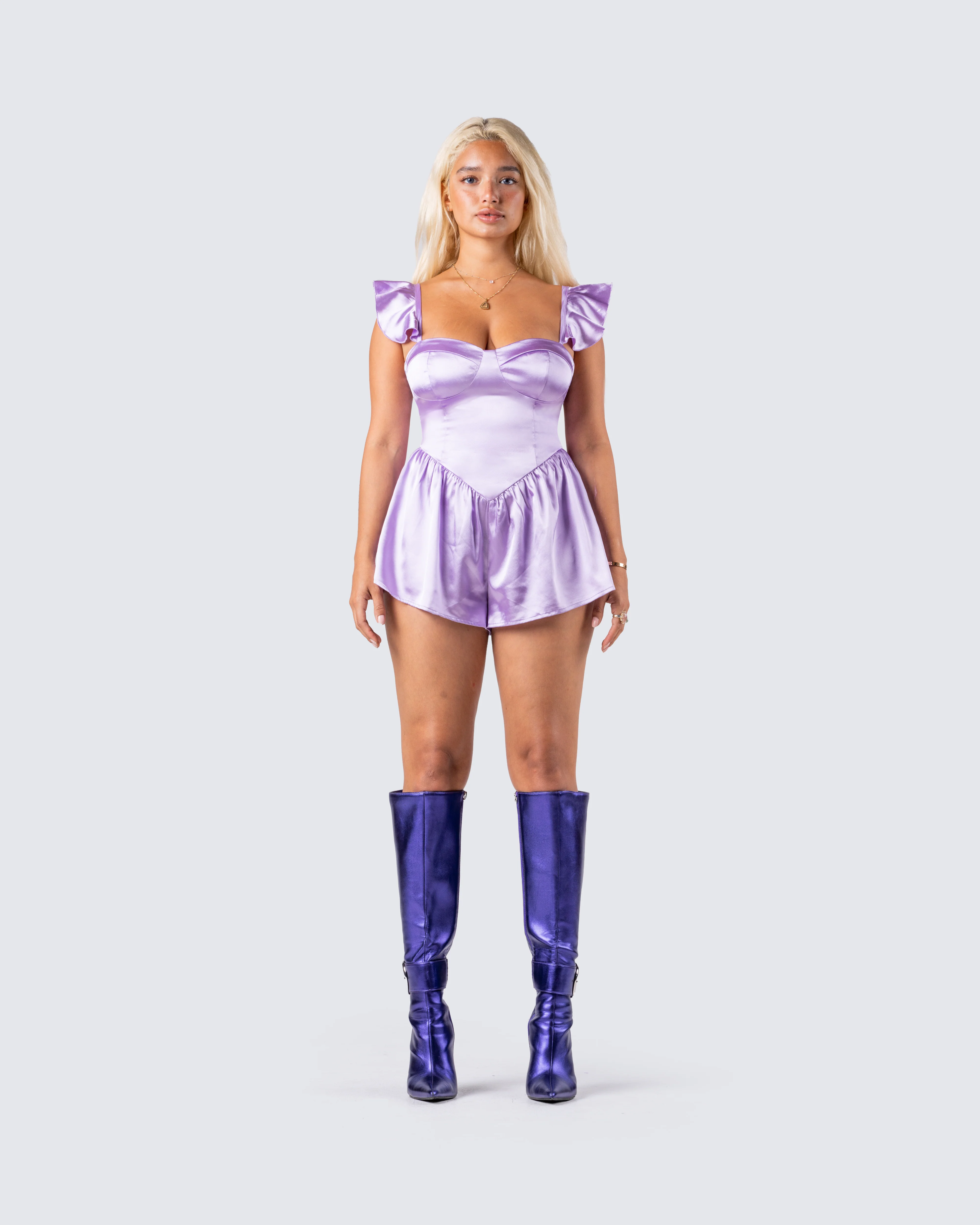 Nett Lavender Satin Ruffle Romper - Image 4