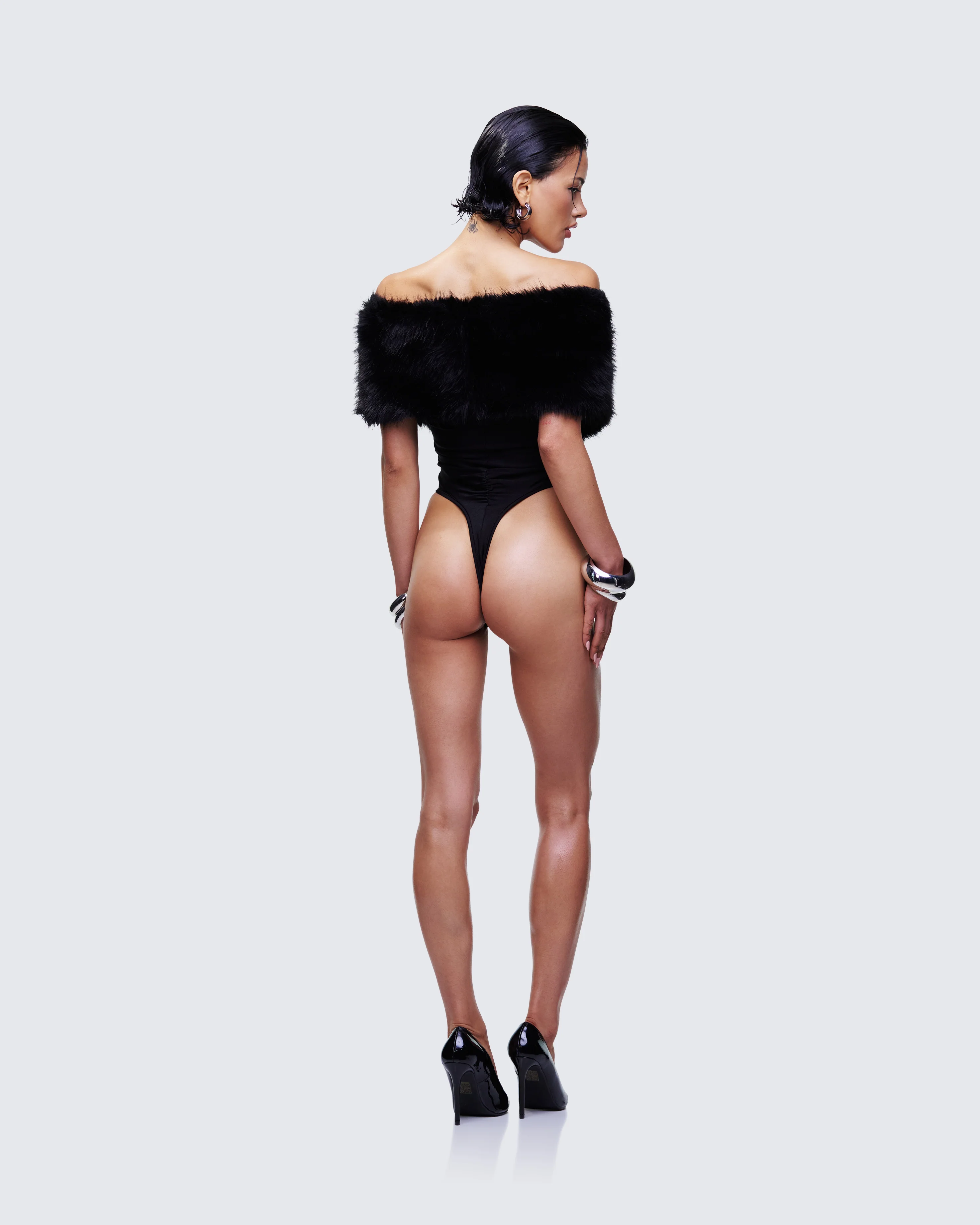 Nina Black Fur Trim Bodysuit - Image 5