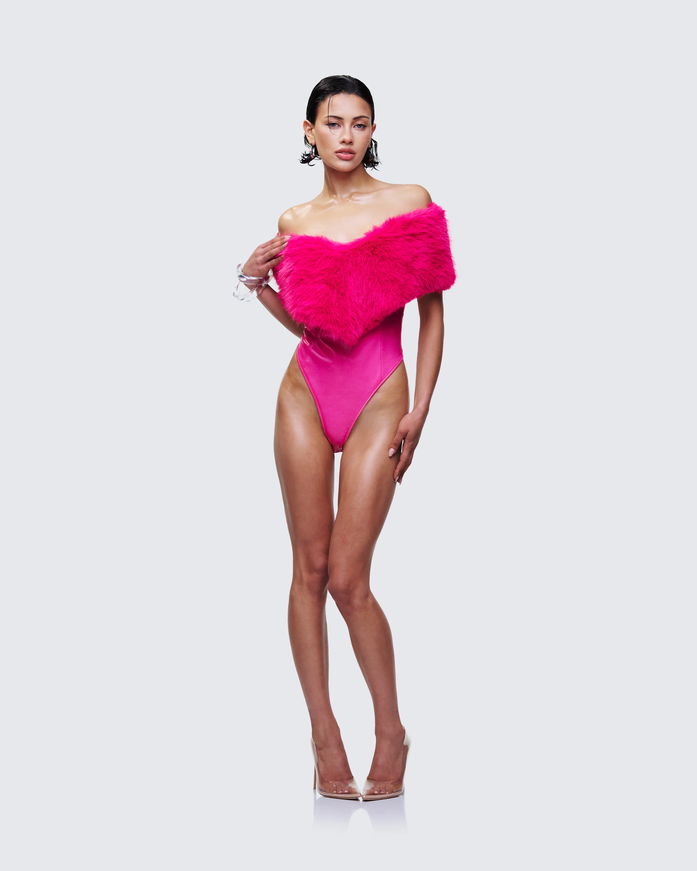 Nina Pink Fur Trim Bodysuit - Image 3