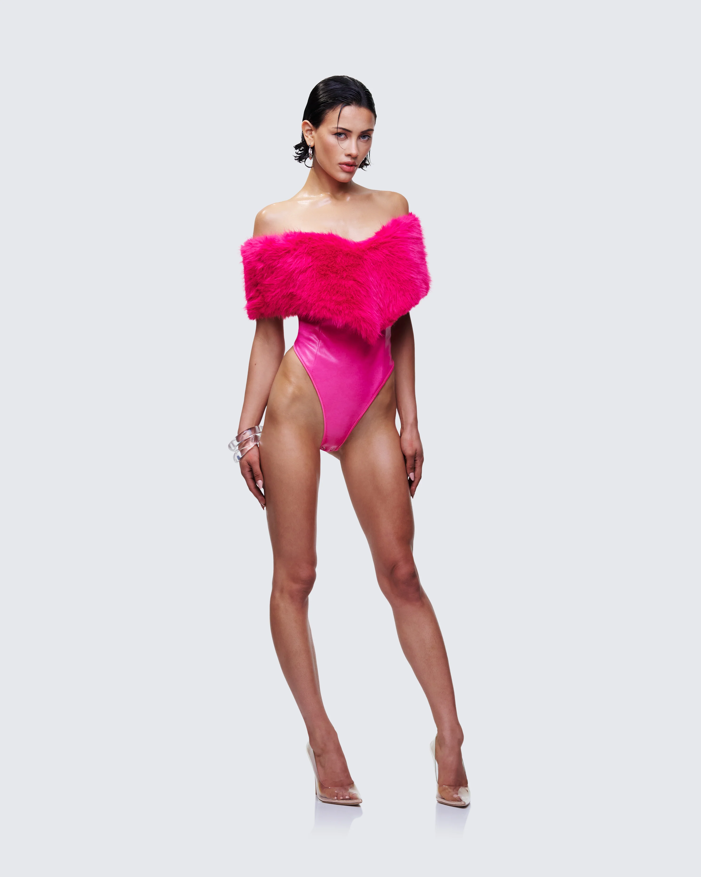 Nina Pink Fur Trim Bodysuit - Image 4