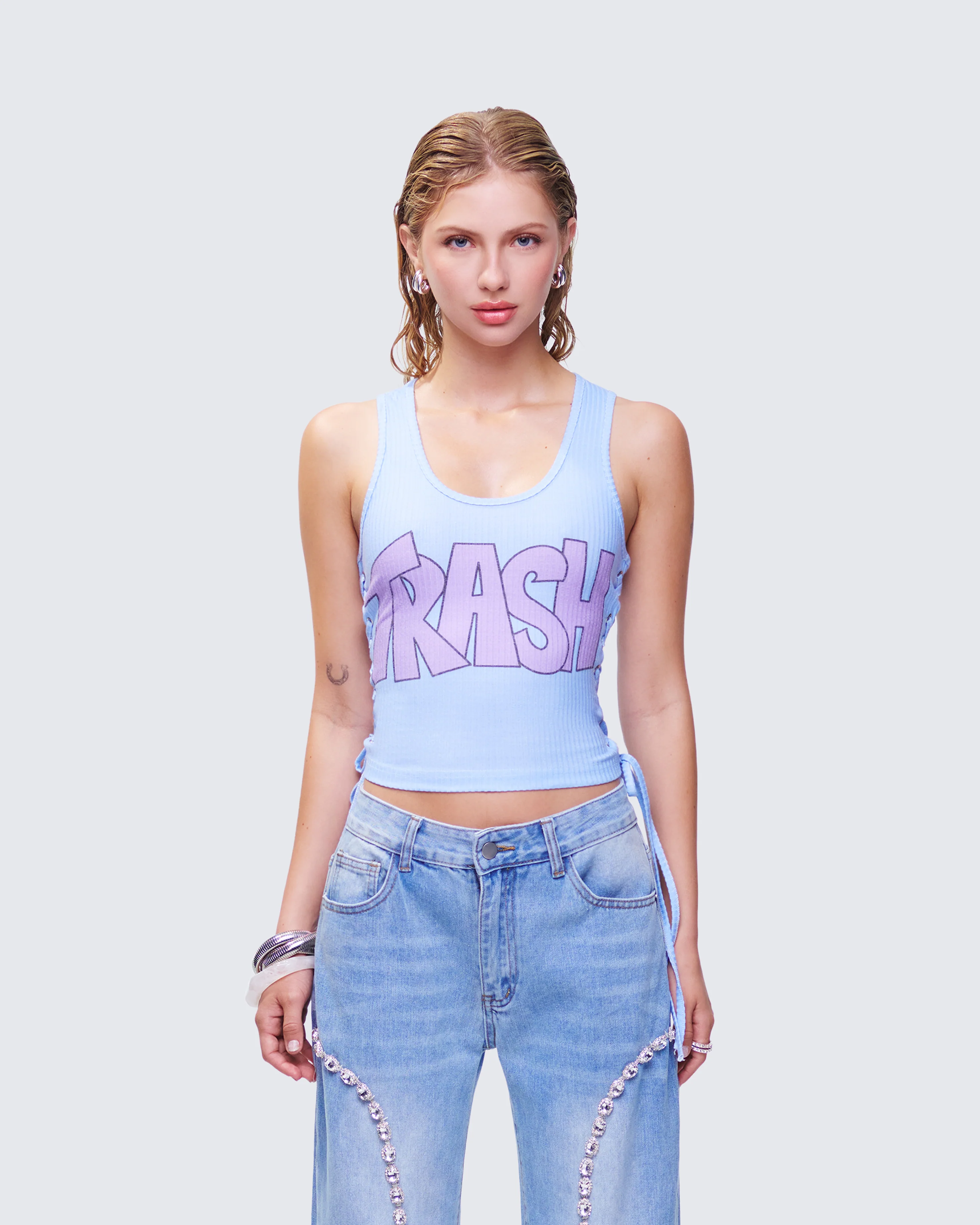 Nixie Blue Lace Up Graphic Tank - Image 2