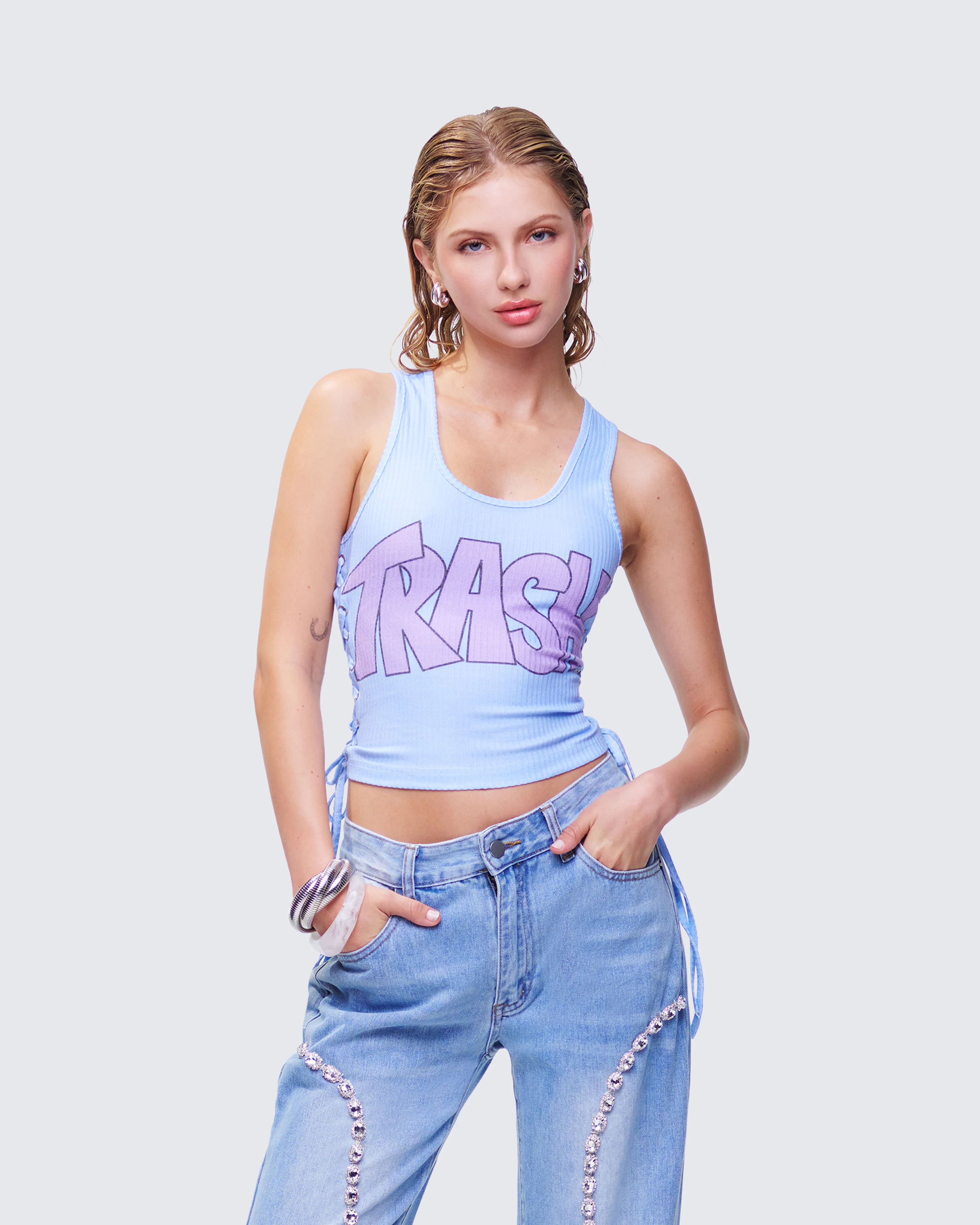 Nixie Blue Lace Up Graphic Tank - Image 3