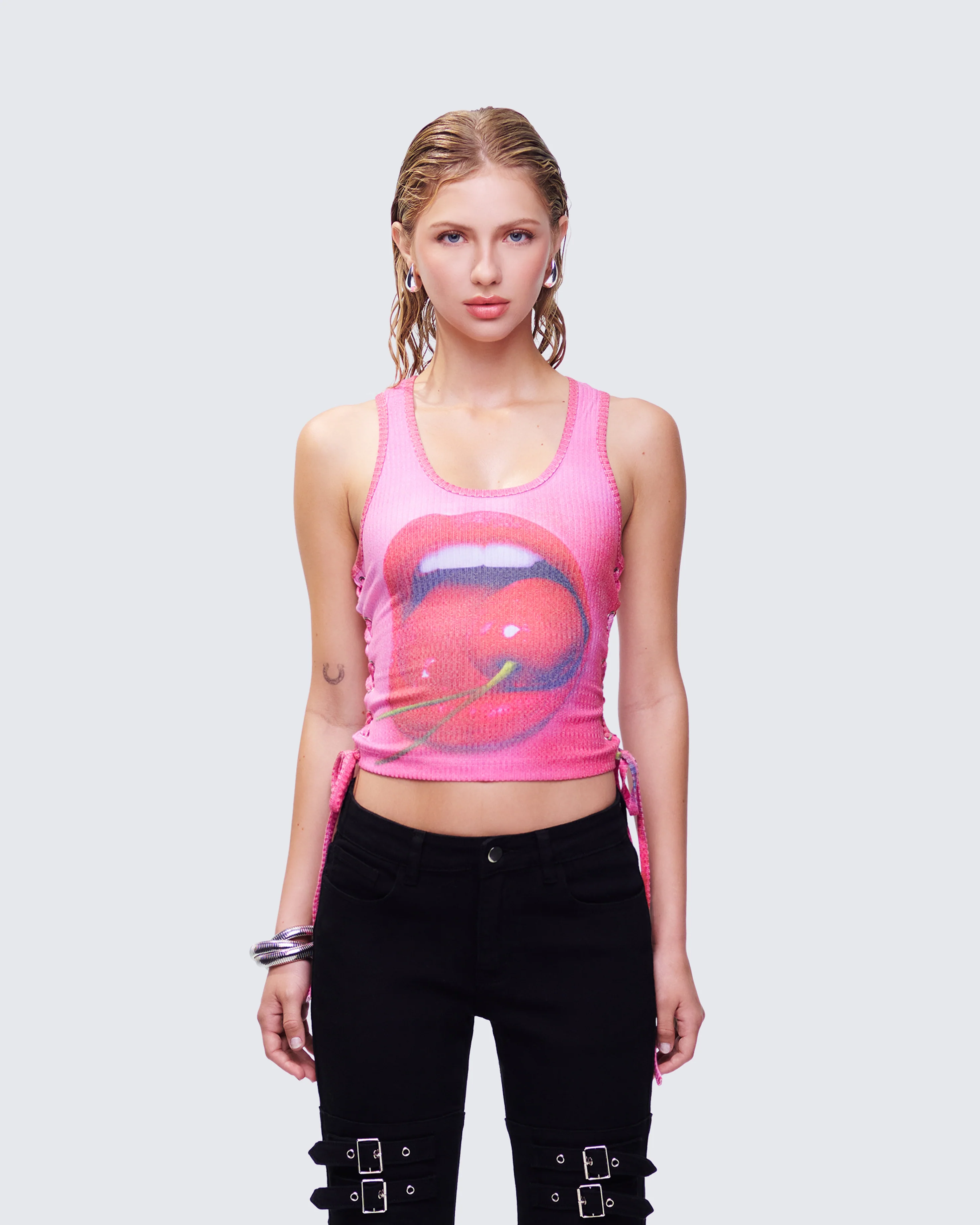 Nixie Pink Lace Up Graphic Tank - Image 2