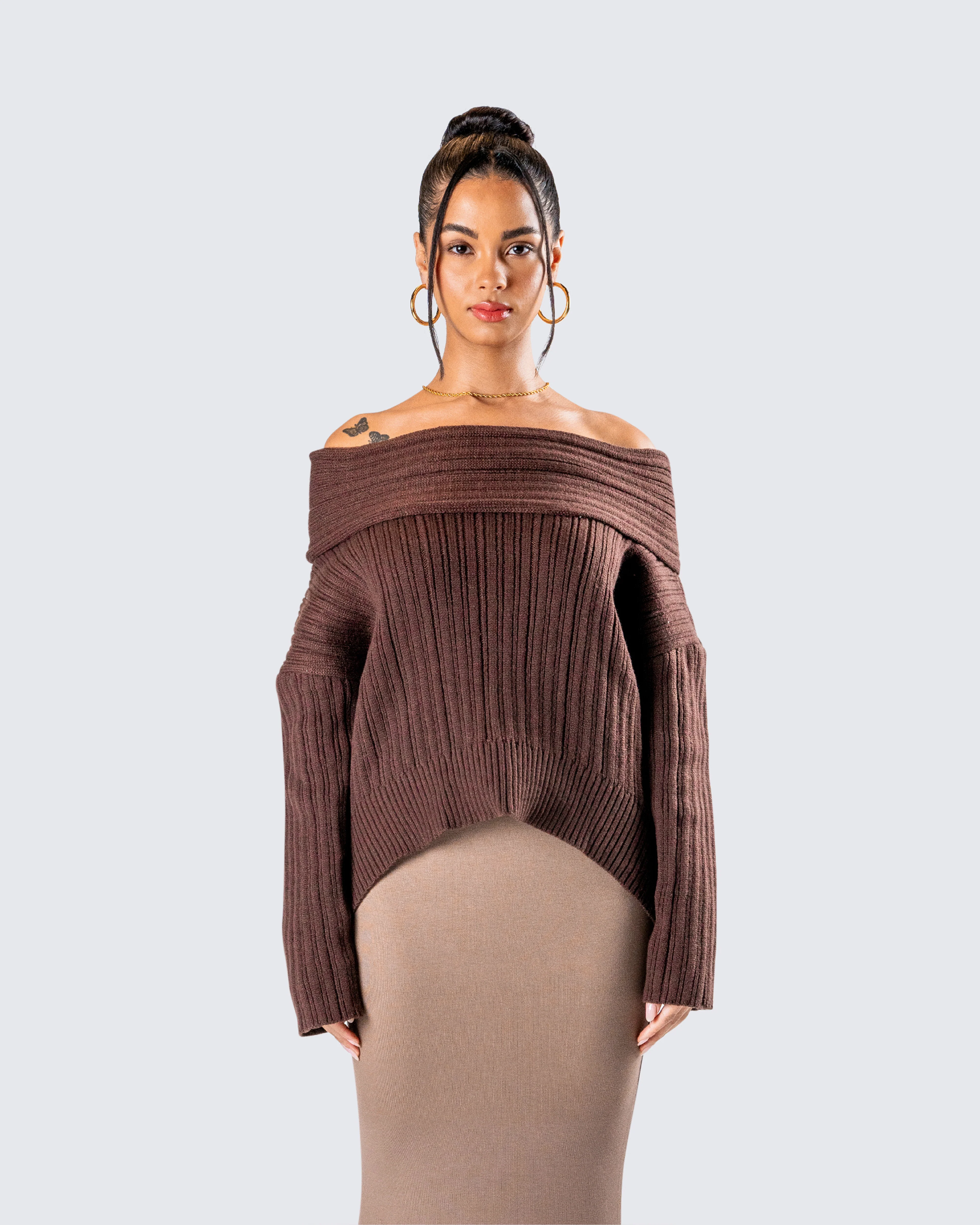 Nyx Brown Off Shoulder Sweater Top - Image 4