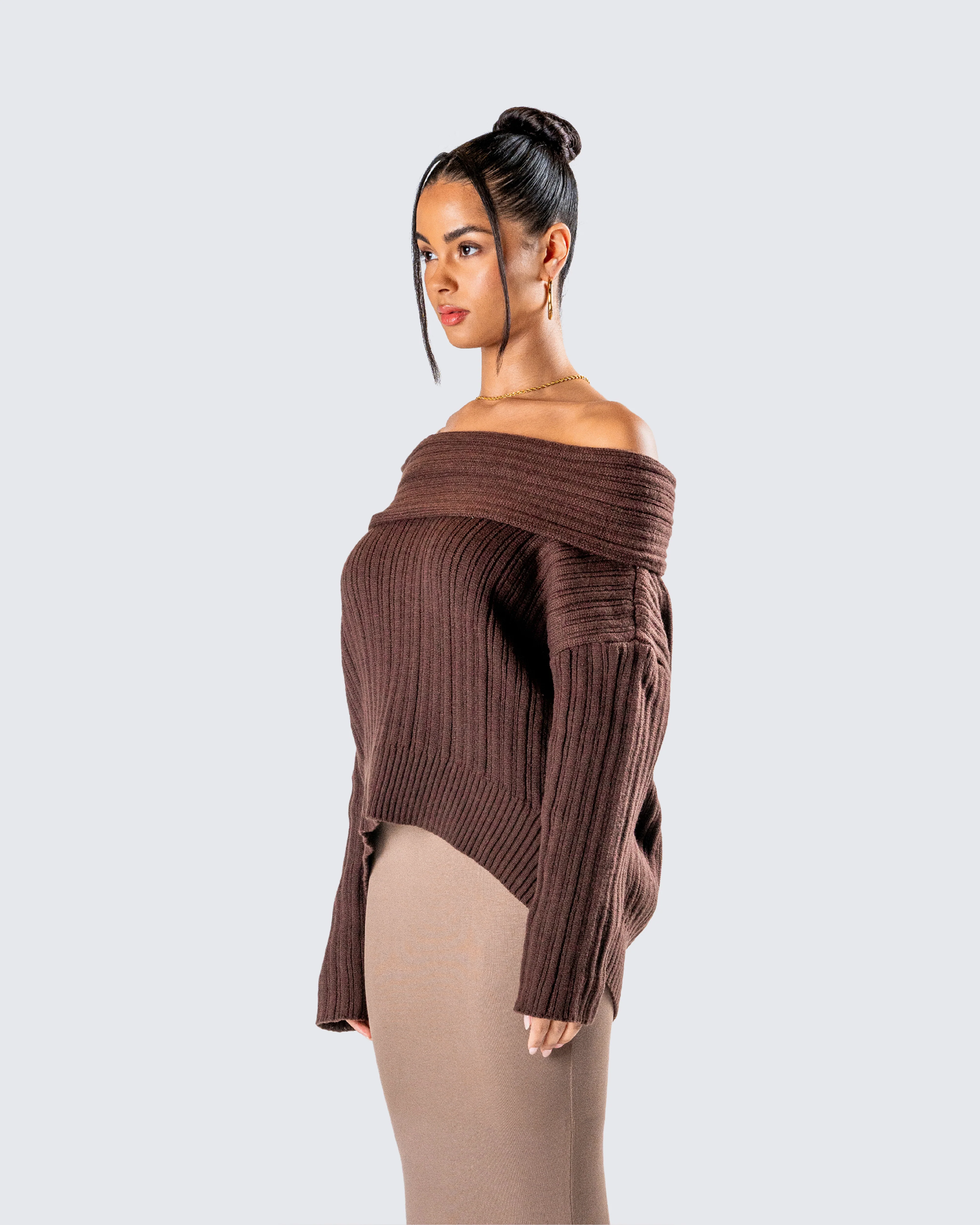 Nyx Brown Off Shoulder Sweater Top - Image 5