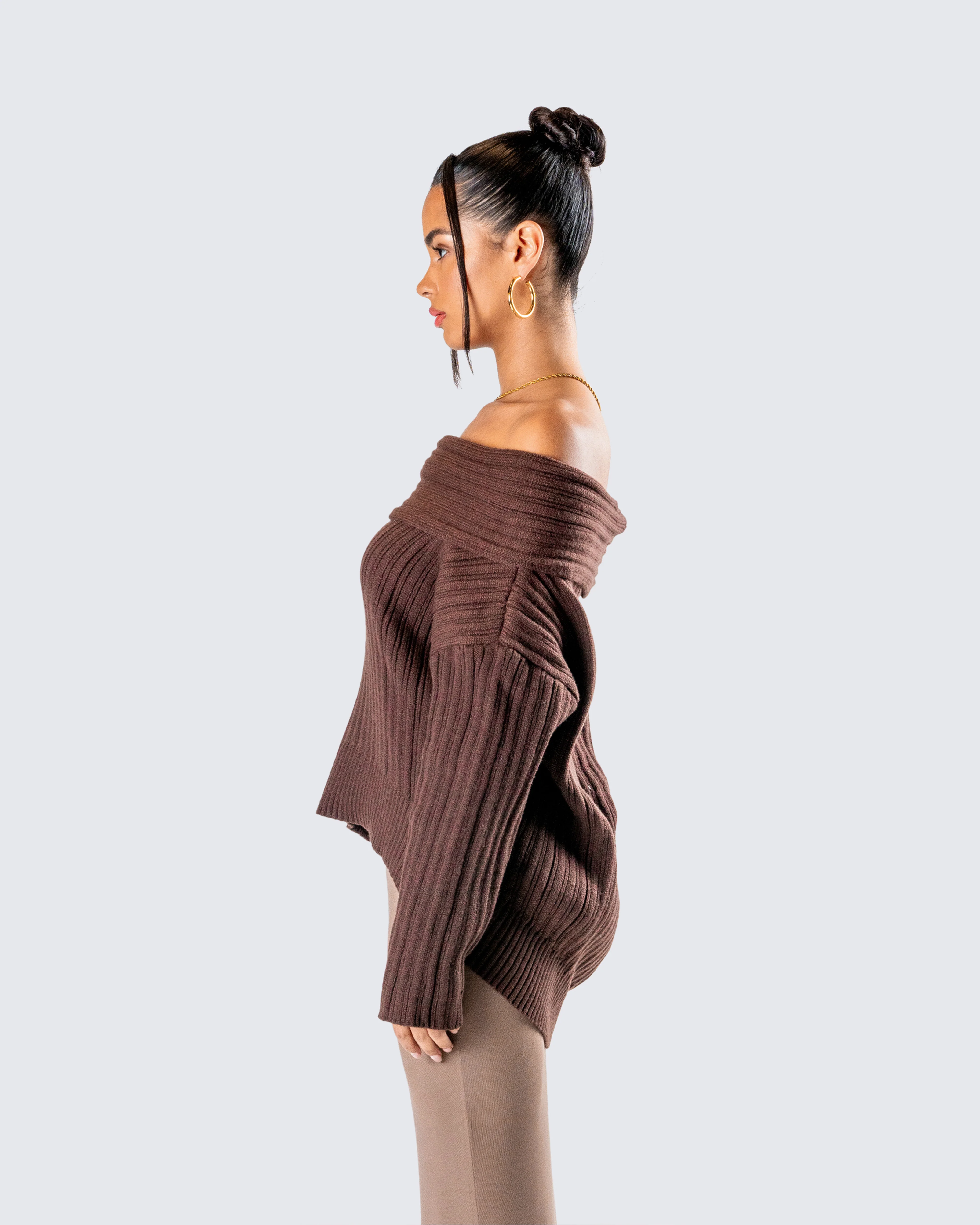 Nyx Brown Off Shoulder Sweater Top - Image 6
