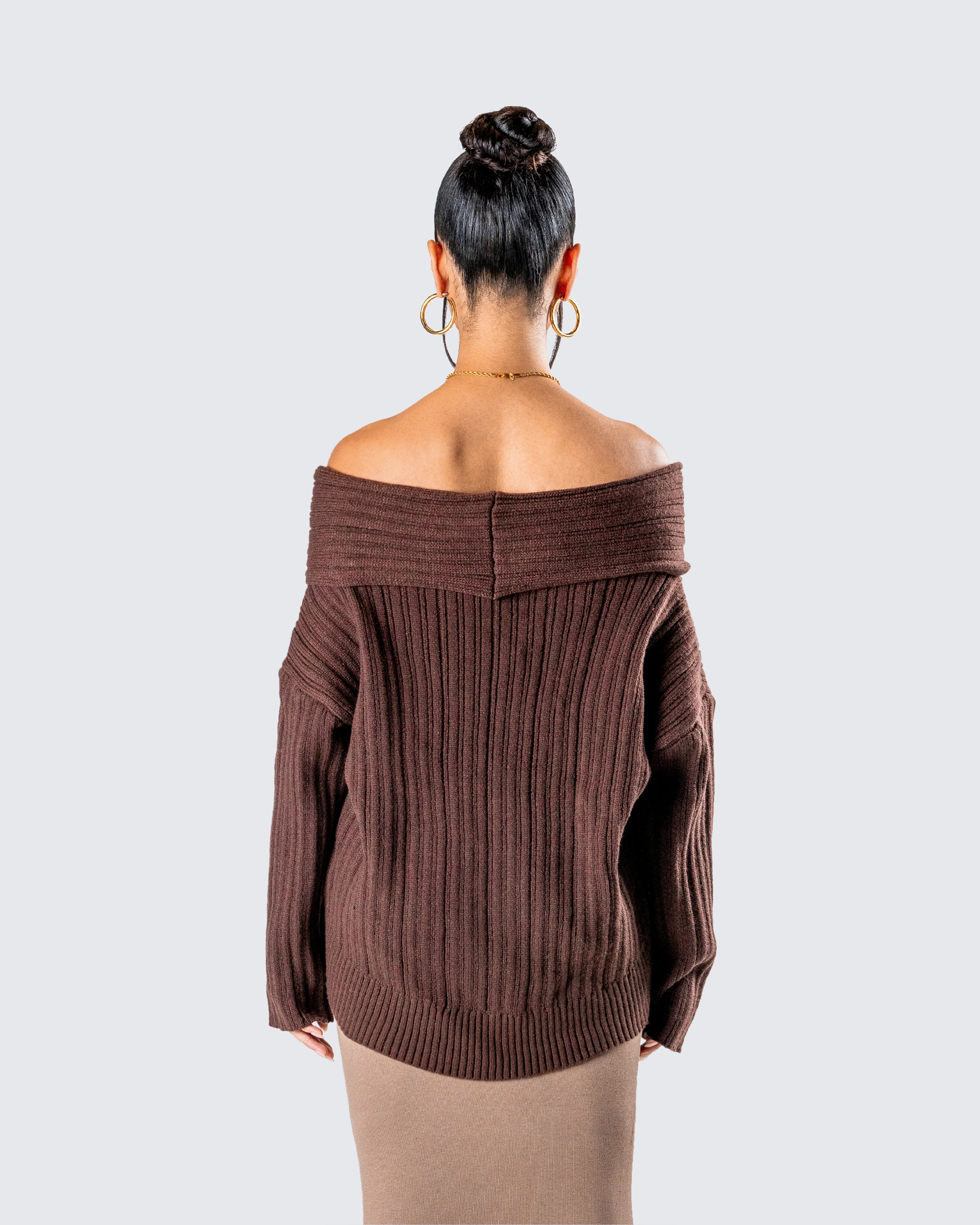 Nyx Brown Off Shoulder Sweater Top - Image 7