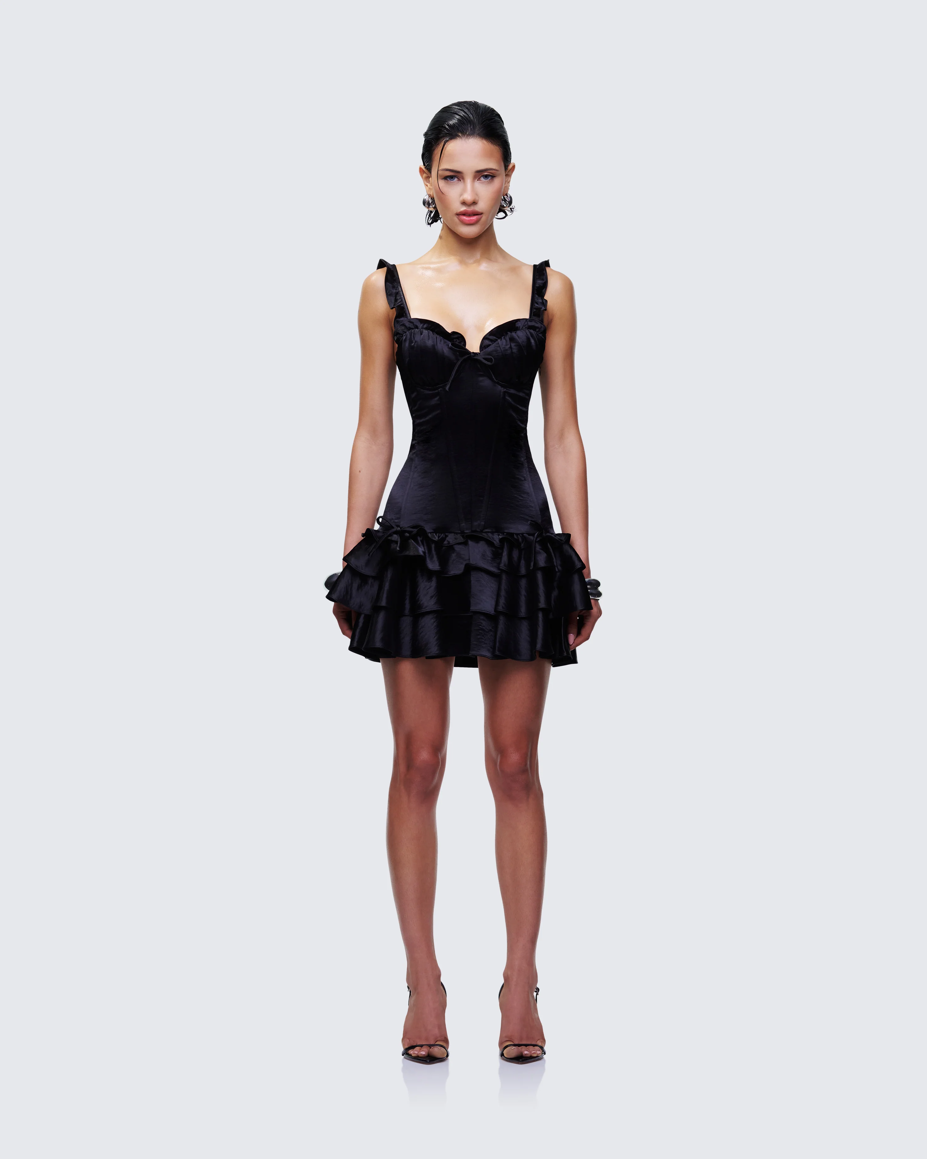 Odelle Black Satin Ruffle Dress - Image 2