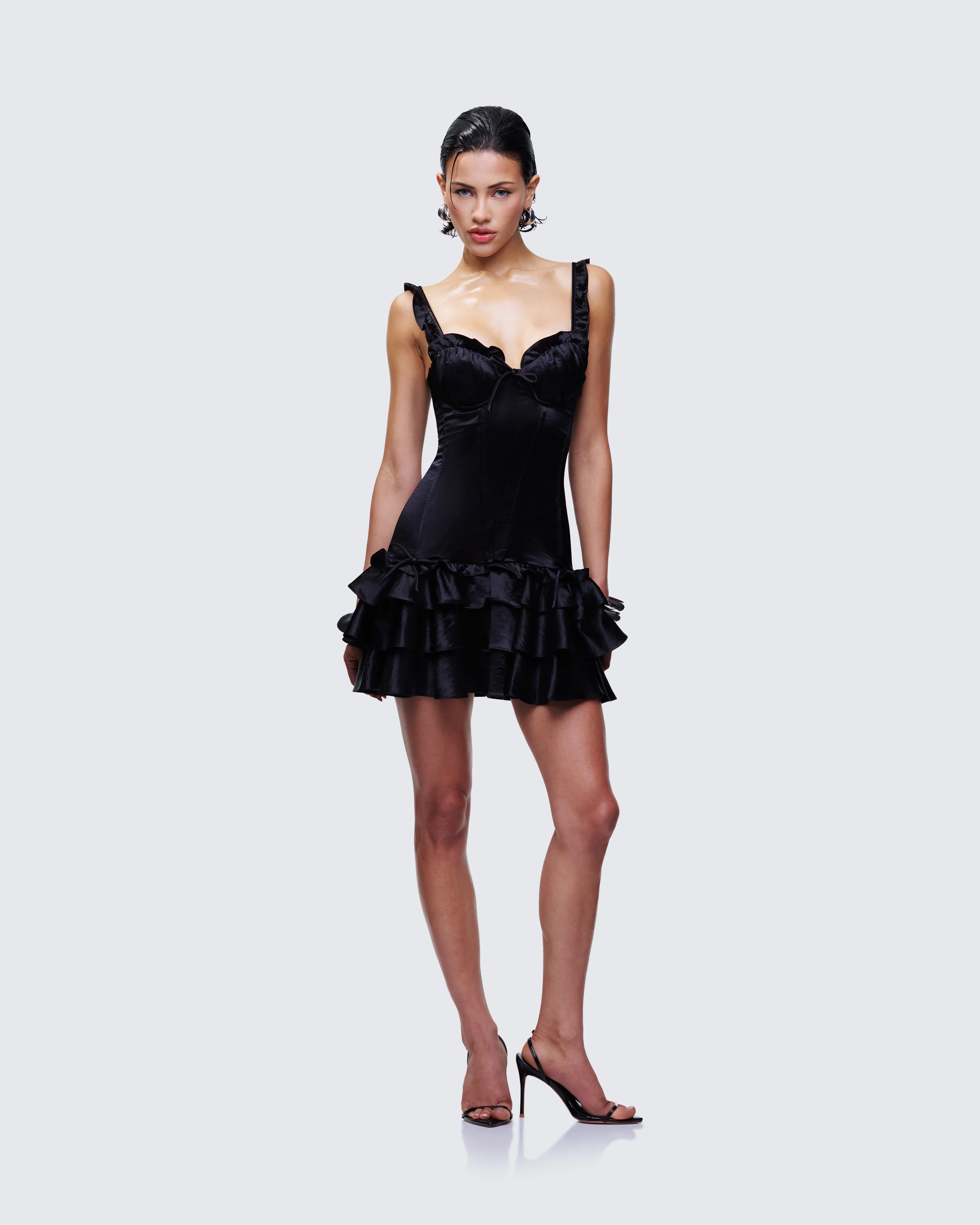 Odelle Black Satin Ruffle Dress - Image 3