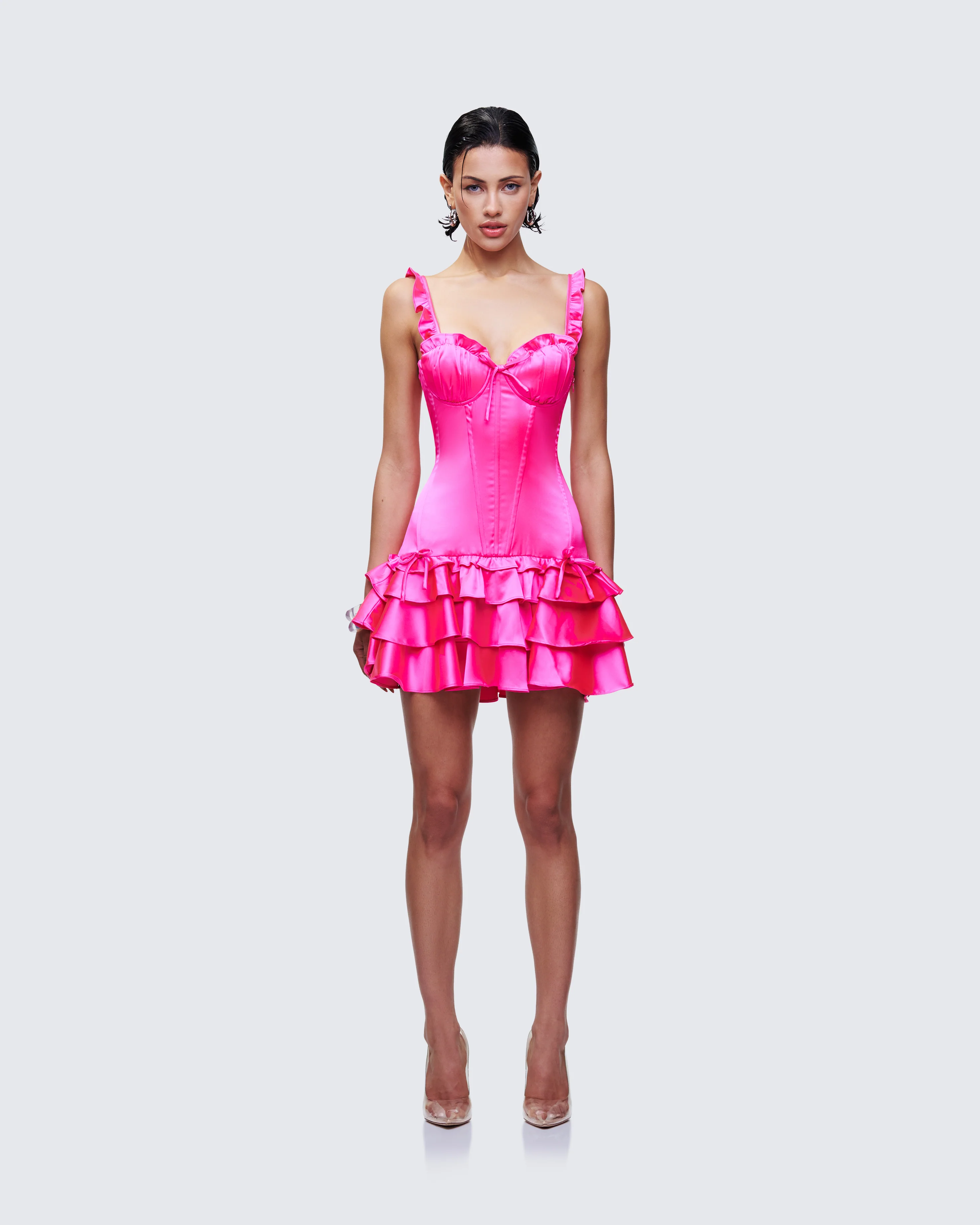Odelle Pink Satin Ruffle Dress - Image 2