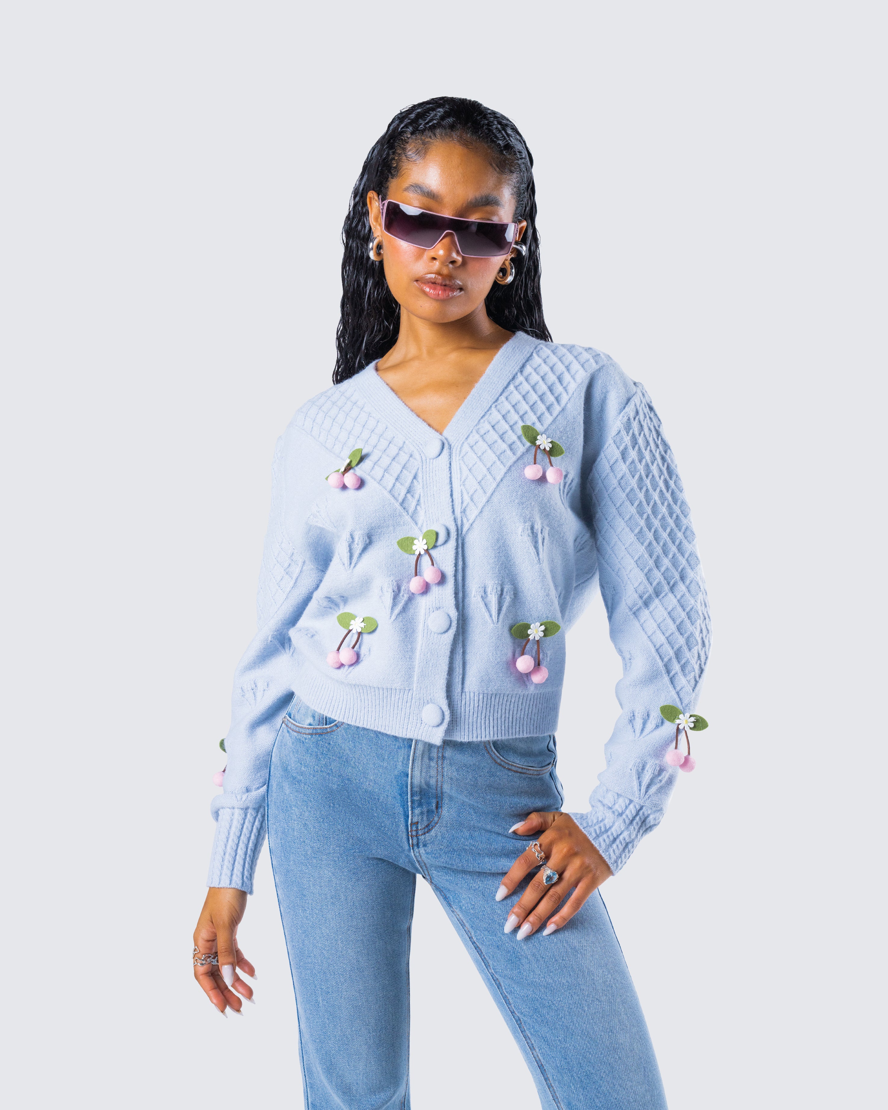 Olea Lavender Cherry Trim Cardigan - Image 8