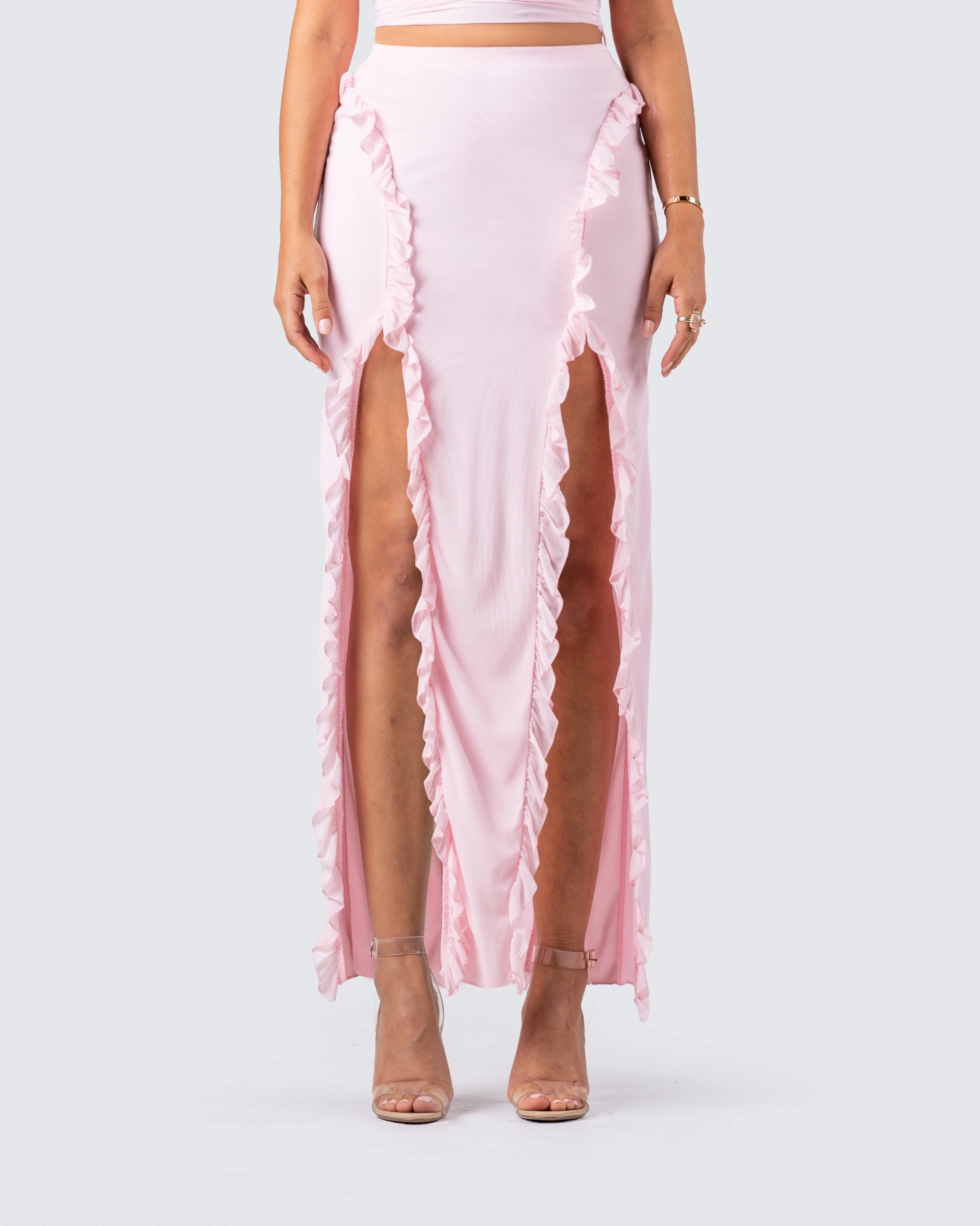 Omid Pink Ruffled Mesh Maxi Skirt - Image 4