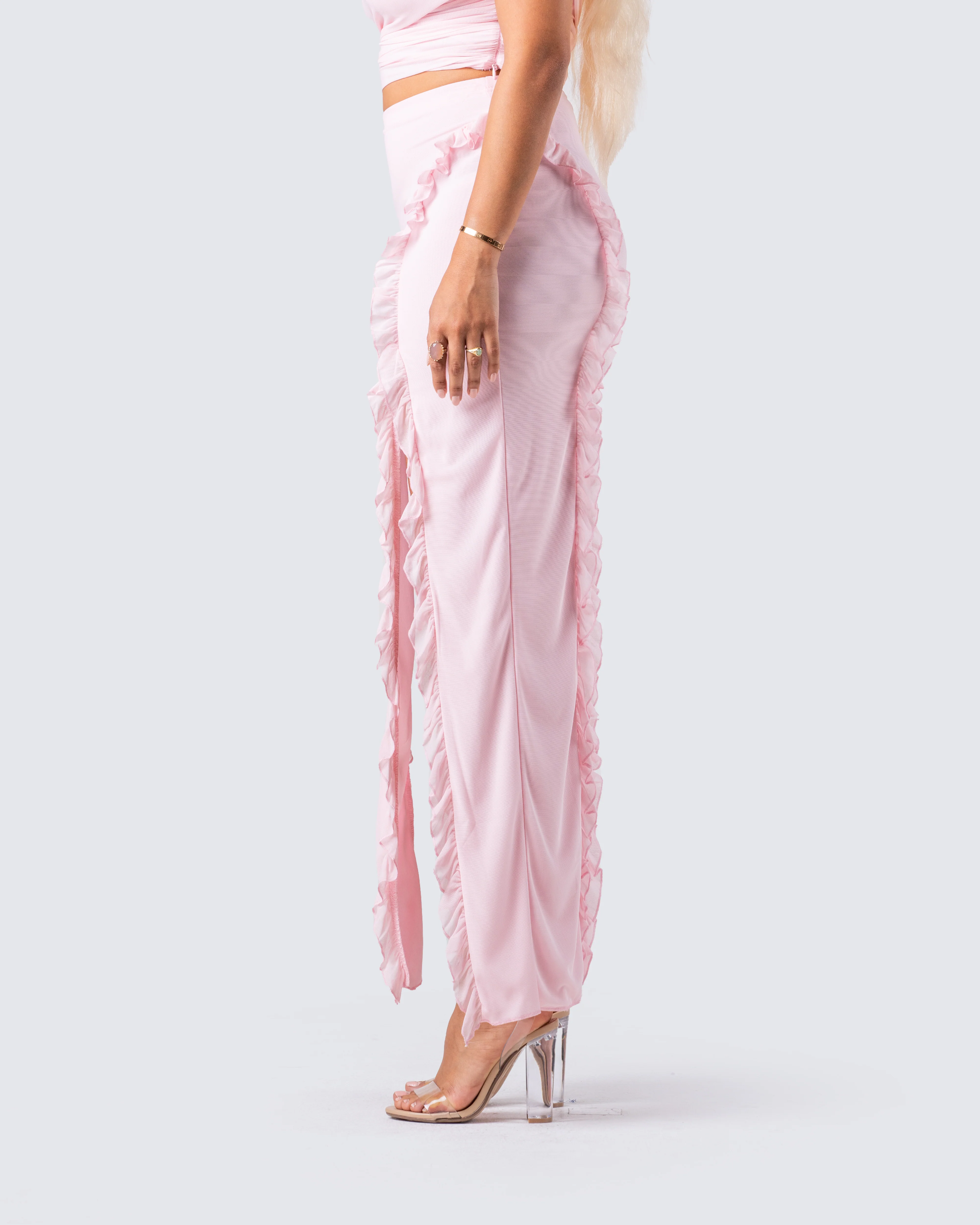 Omid Pink Ruffled Mesh Maxi Skirt - Image 5