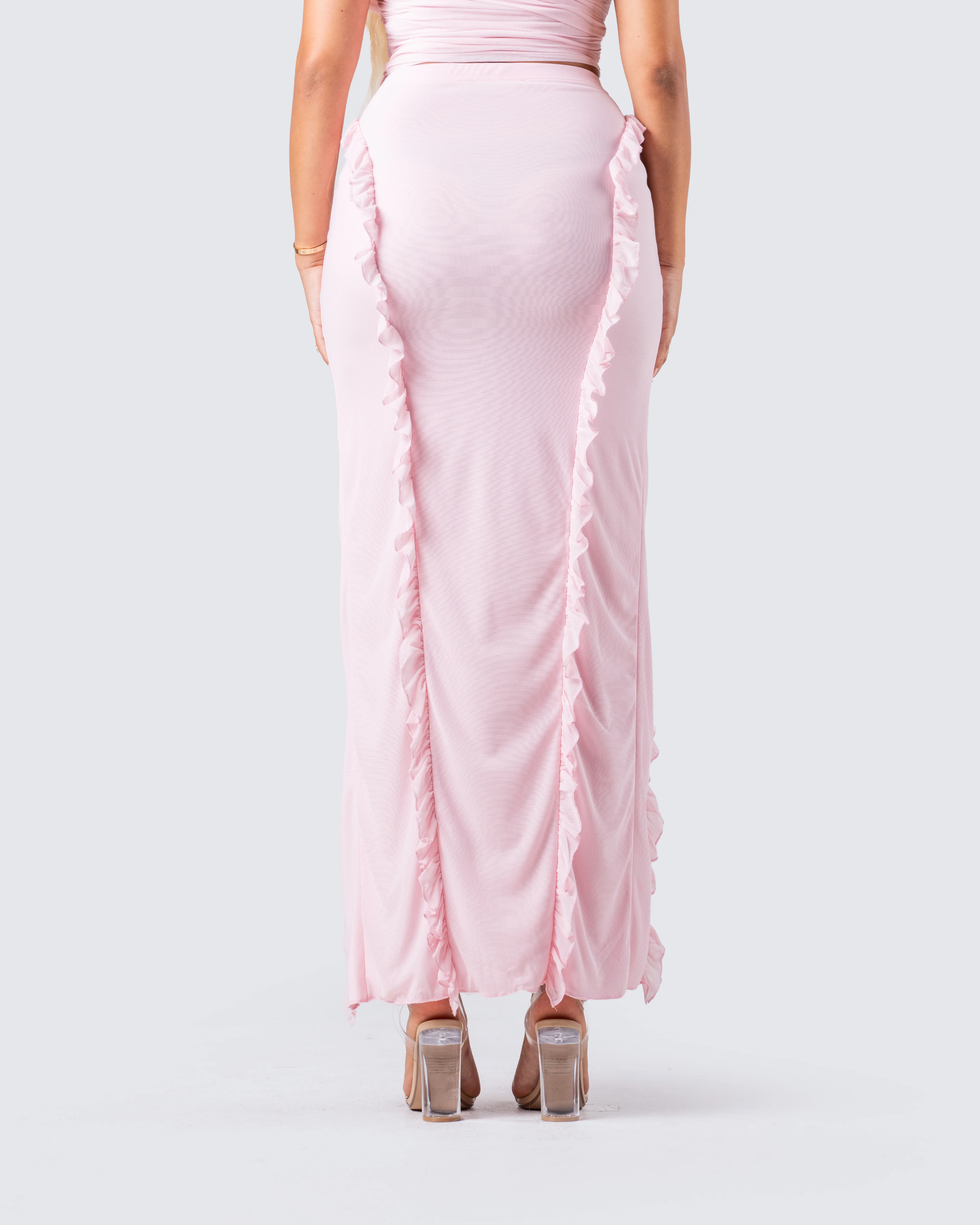 Omid Pink Ruffled Mesh Maxi Skirt - Image 6