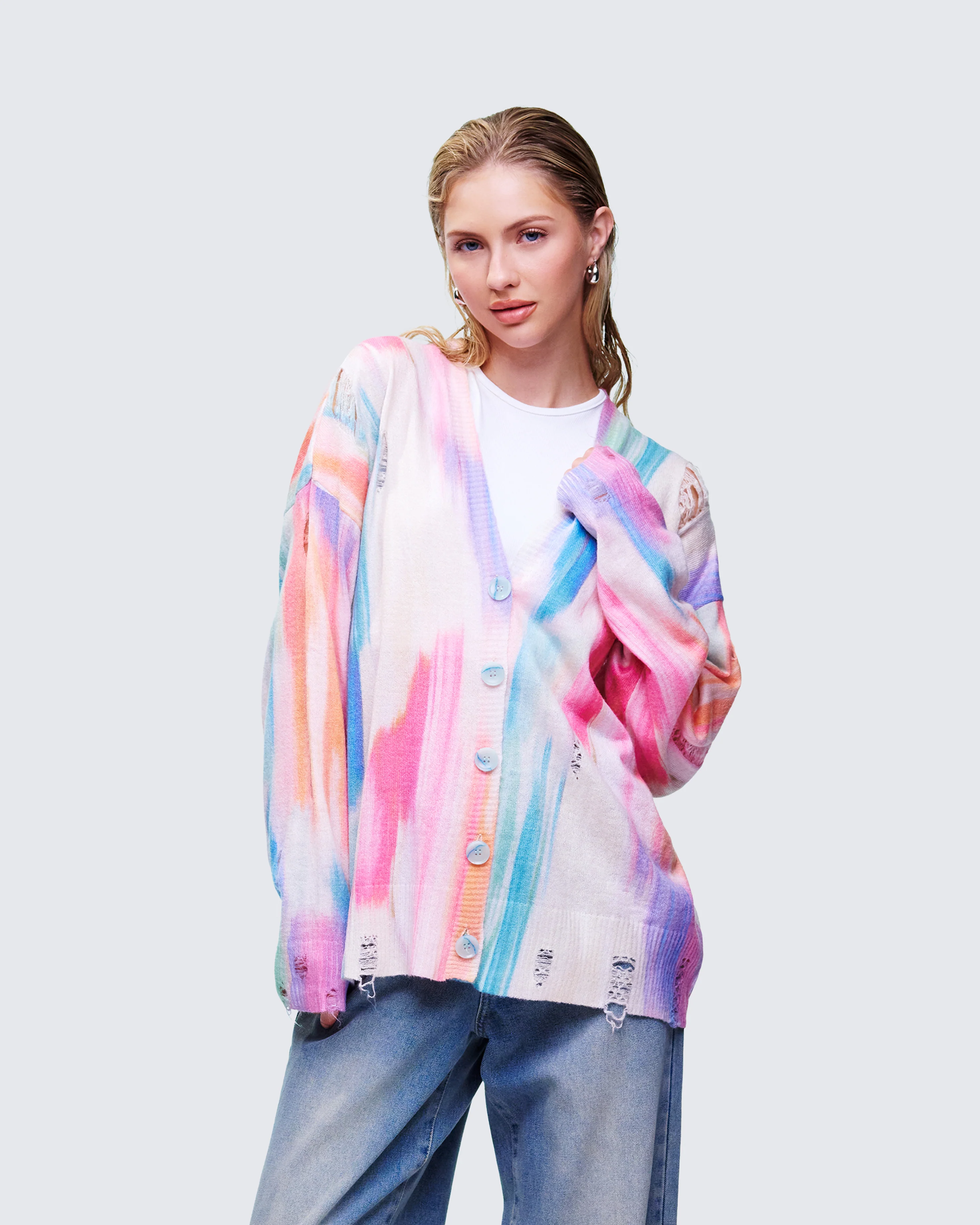 Omie Multi Print Distressed Cardigan - Image 3