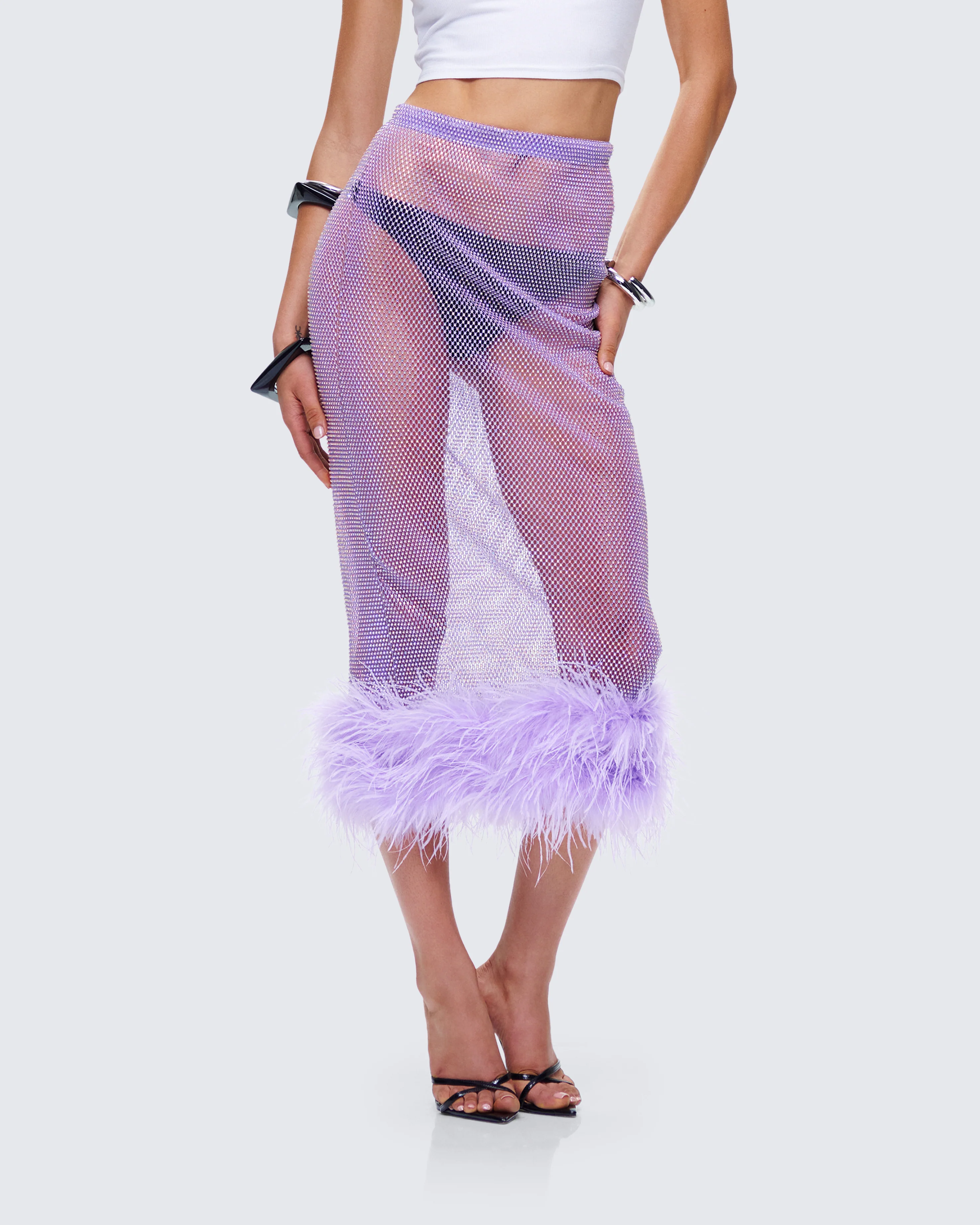 Ophira Lavender Rhinestone Feather Trim Skirt - Image 5